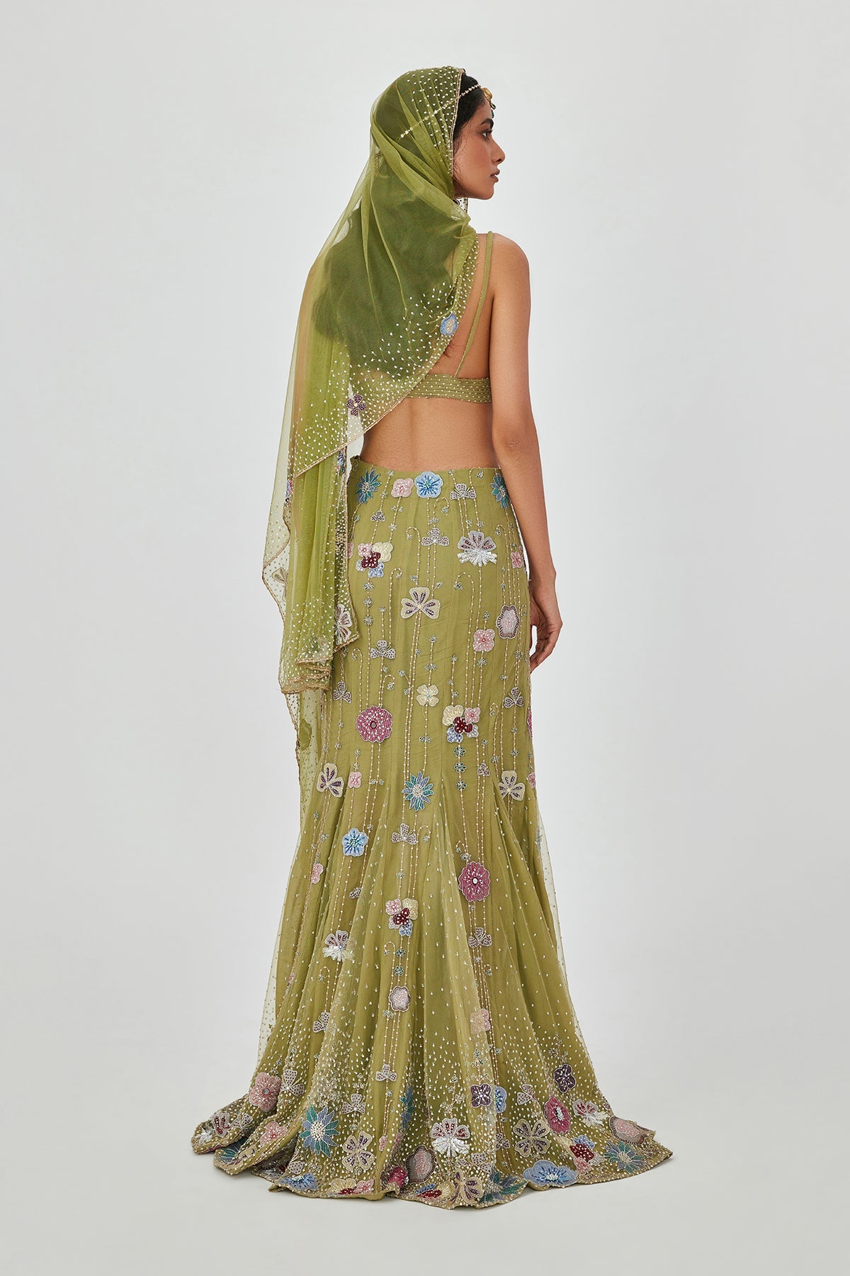 Zarina - Olive Tulle Net Lehenga Set