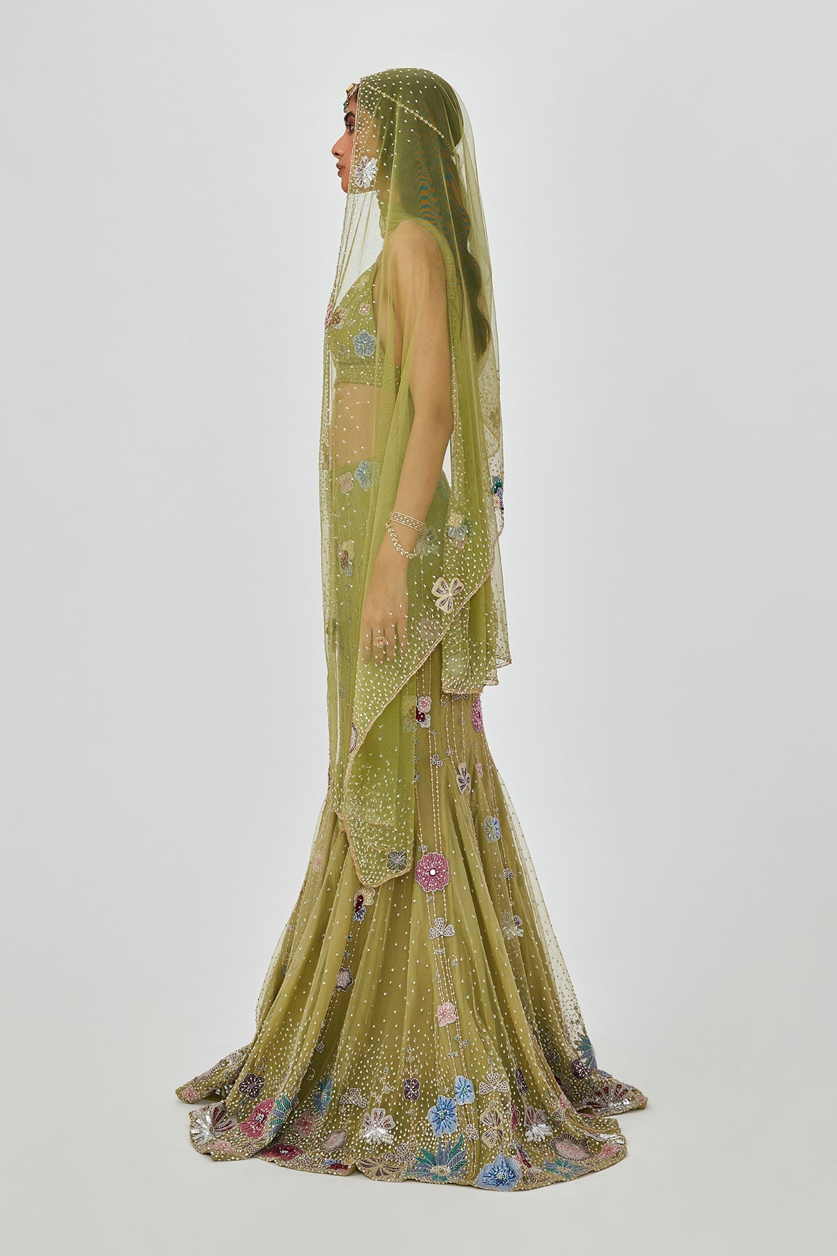 Zarina - Olive Tulle Net Lehenga Set