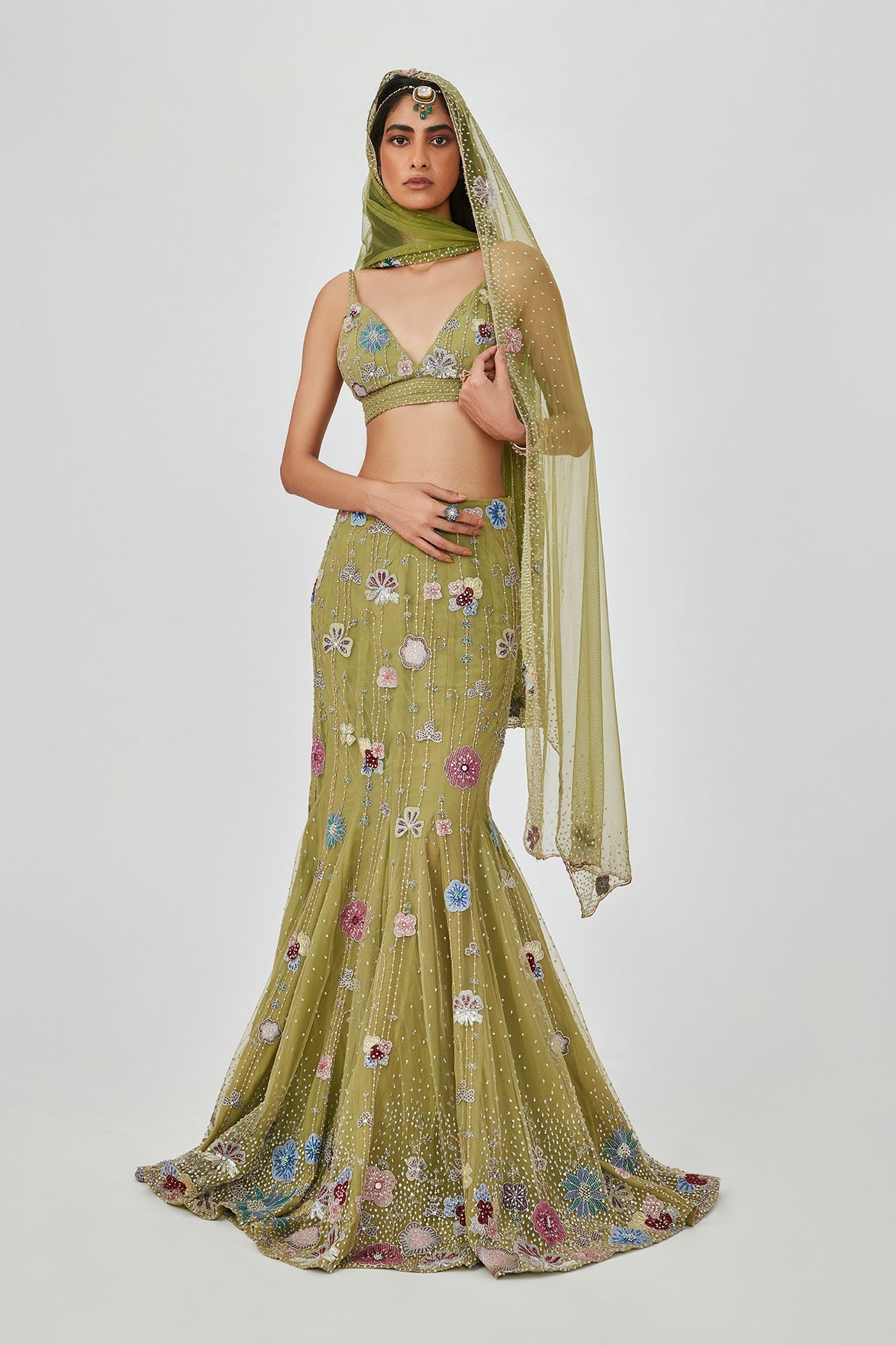 Zarina - Olive Tulle Net Lehenga Set