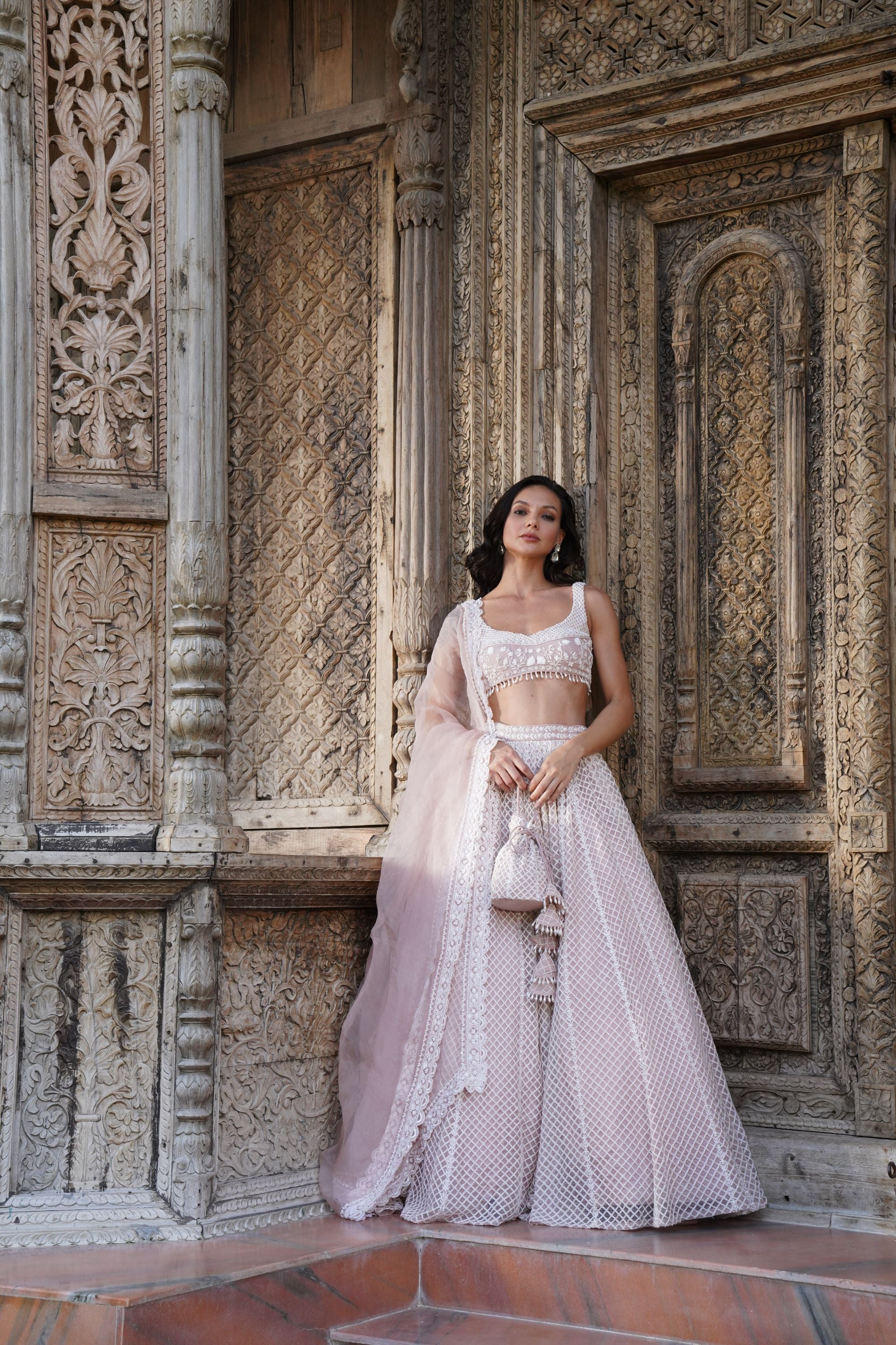 Grey With White Moti Jaal Work Lehenga Set