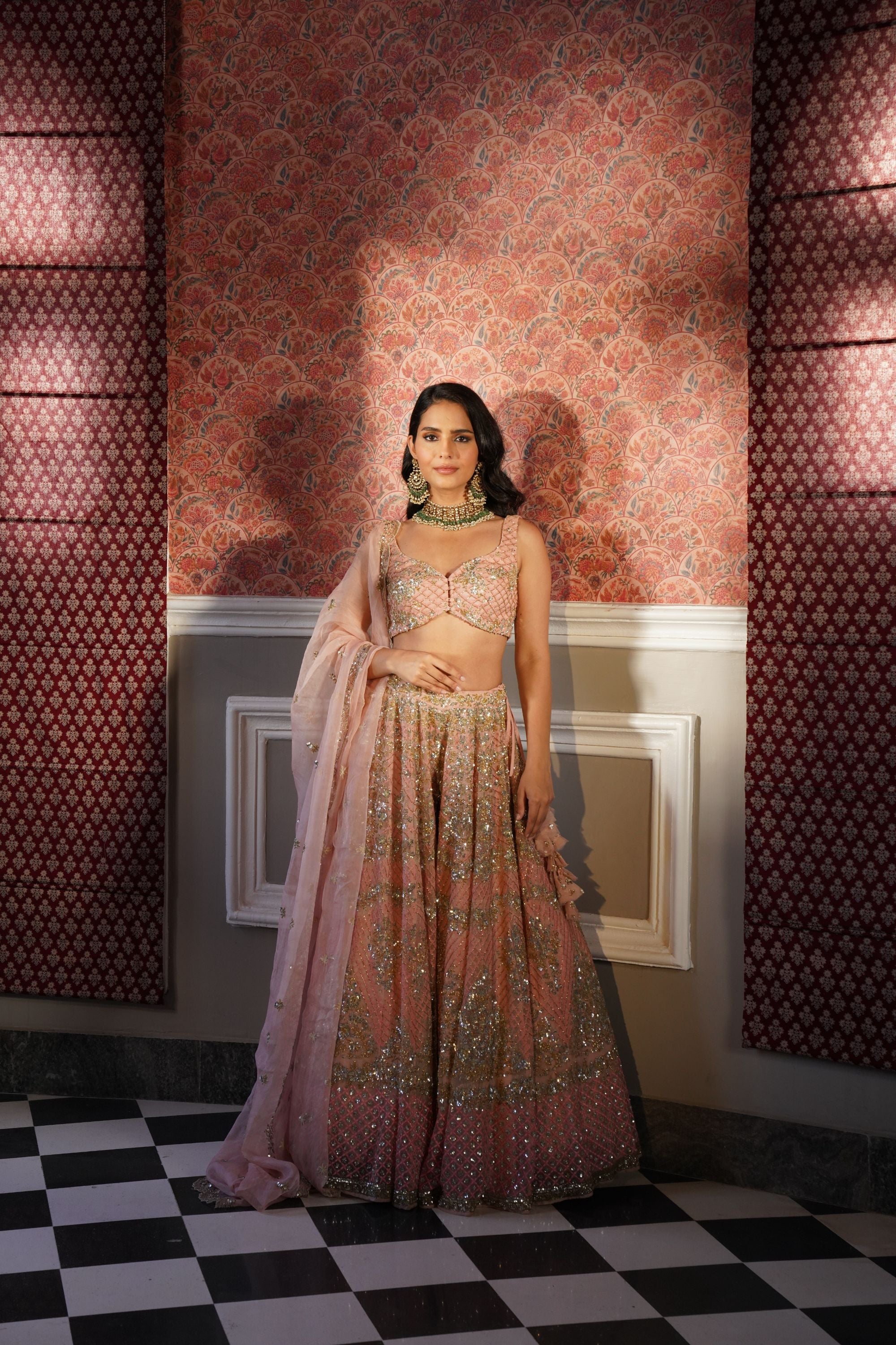 Peach Pink Organza Bridal Lehenga Set