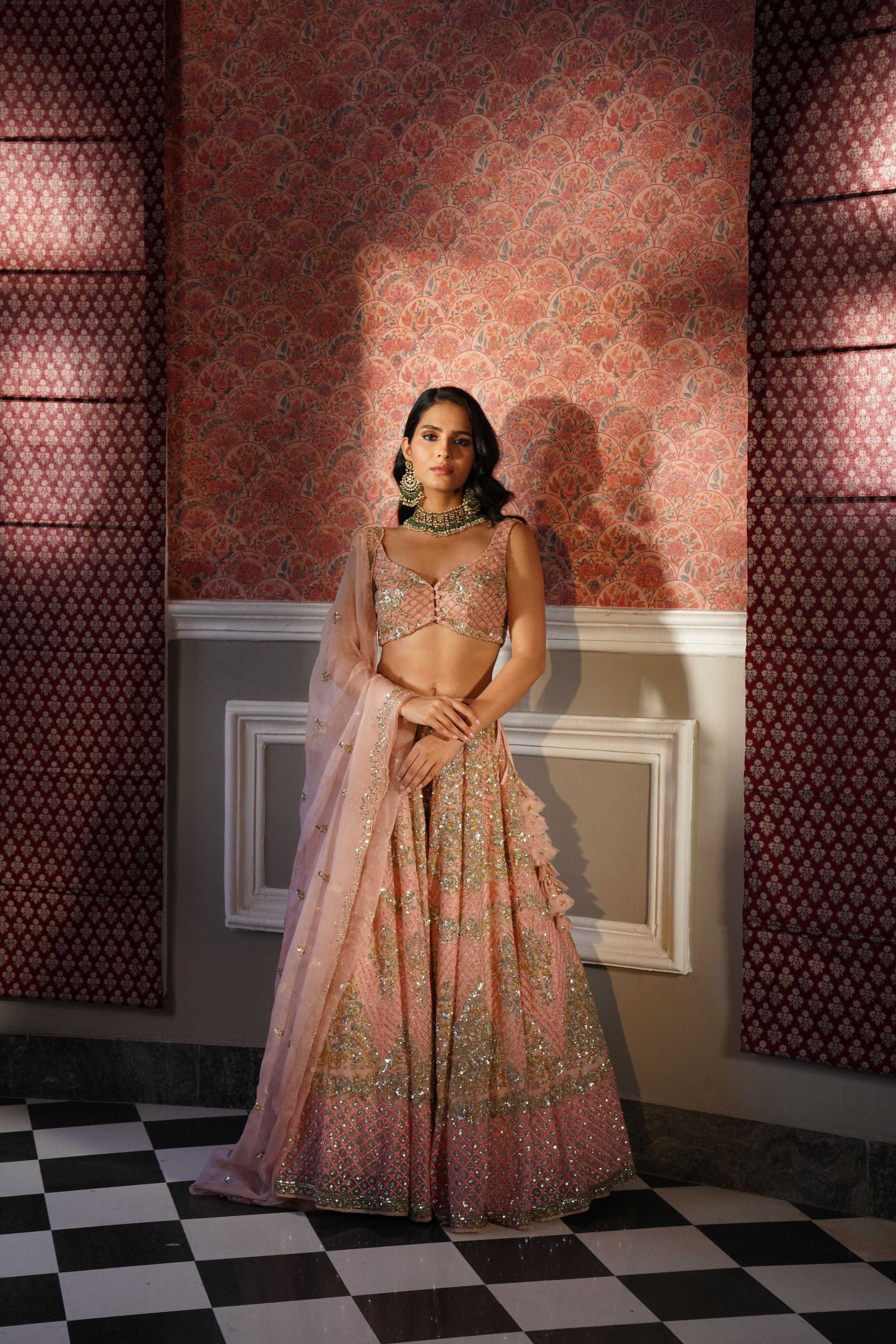 Peach Pink Organza Bridal Lehenga Set