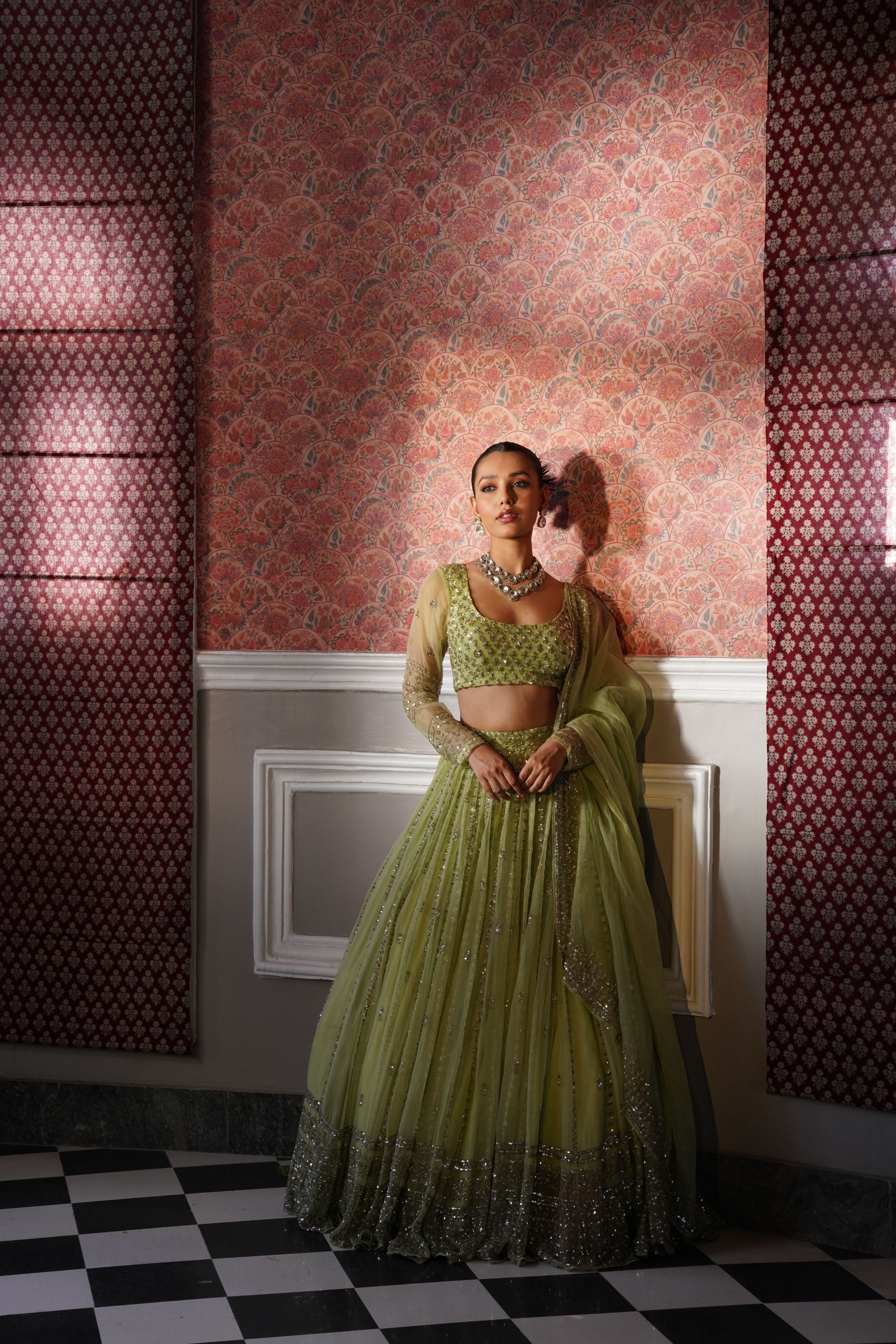 Mint Green Organza Line Work Lehenga Set