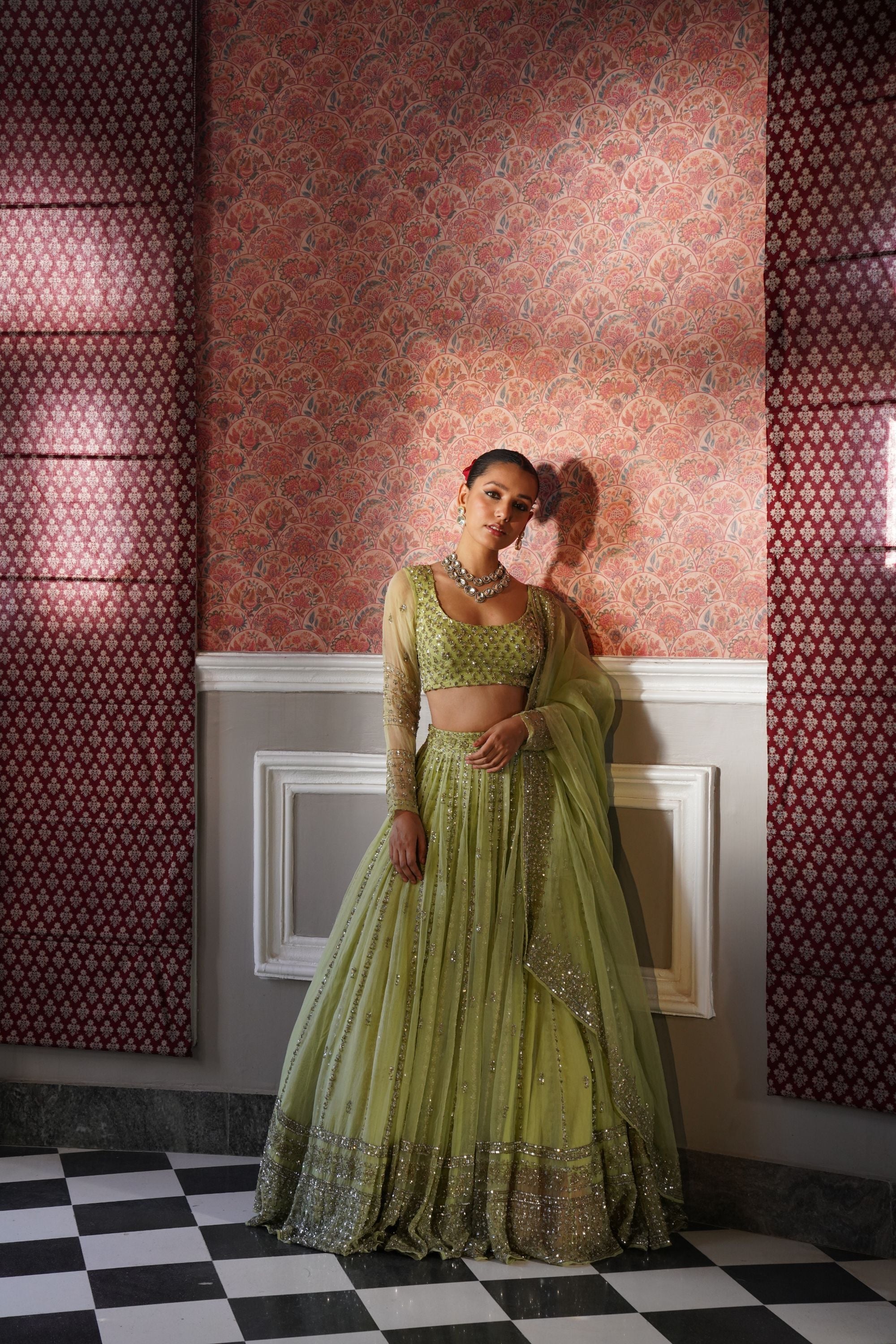 Mint Green Organza Line Work Lehenga Set