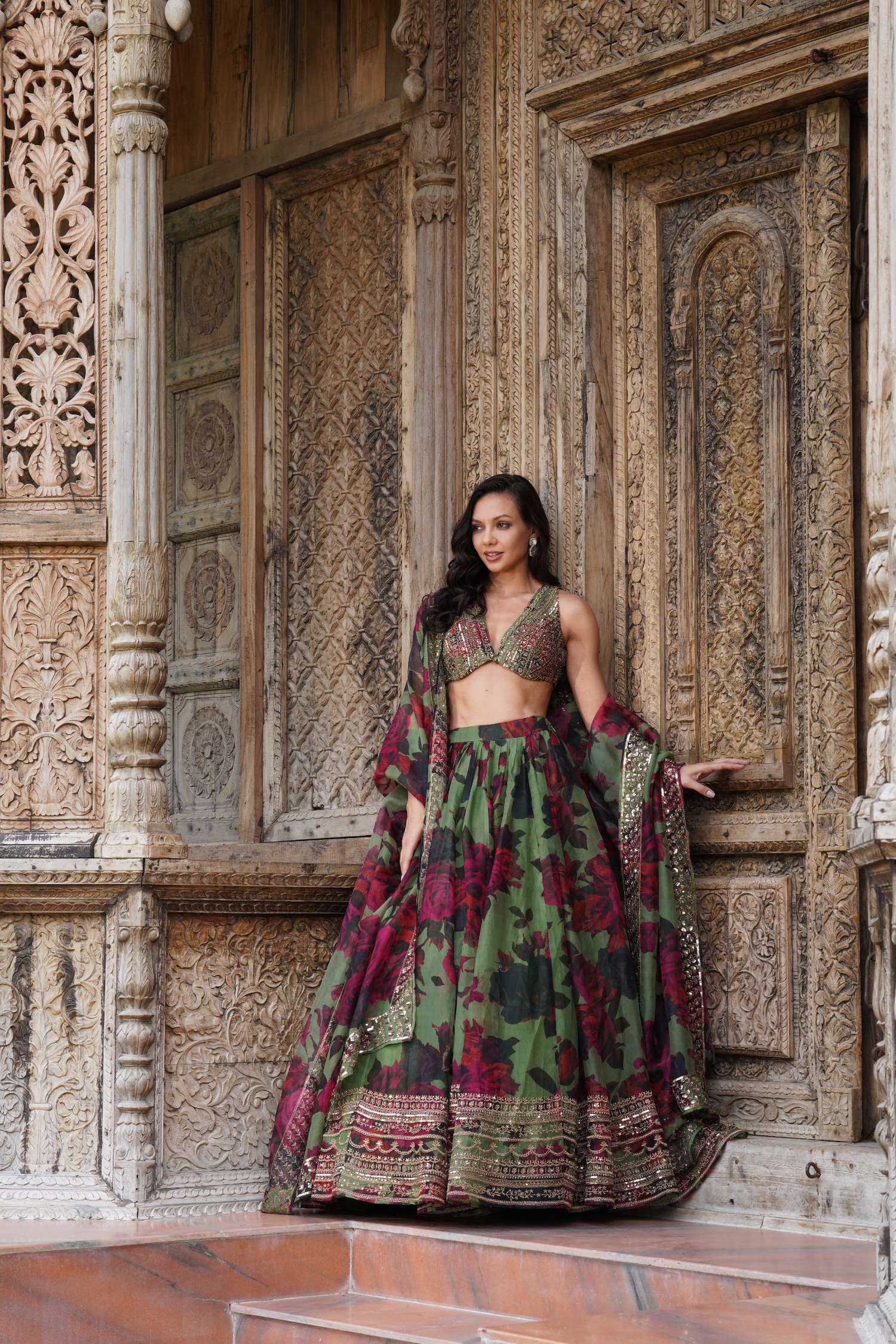 Mehendi Green Floral Lehenga Set