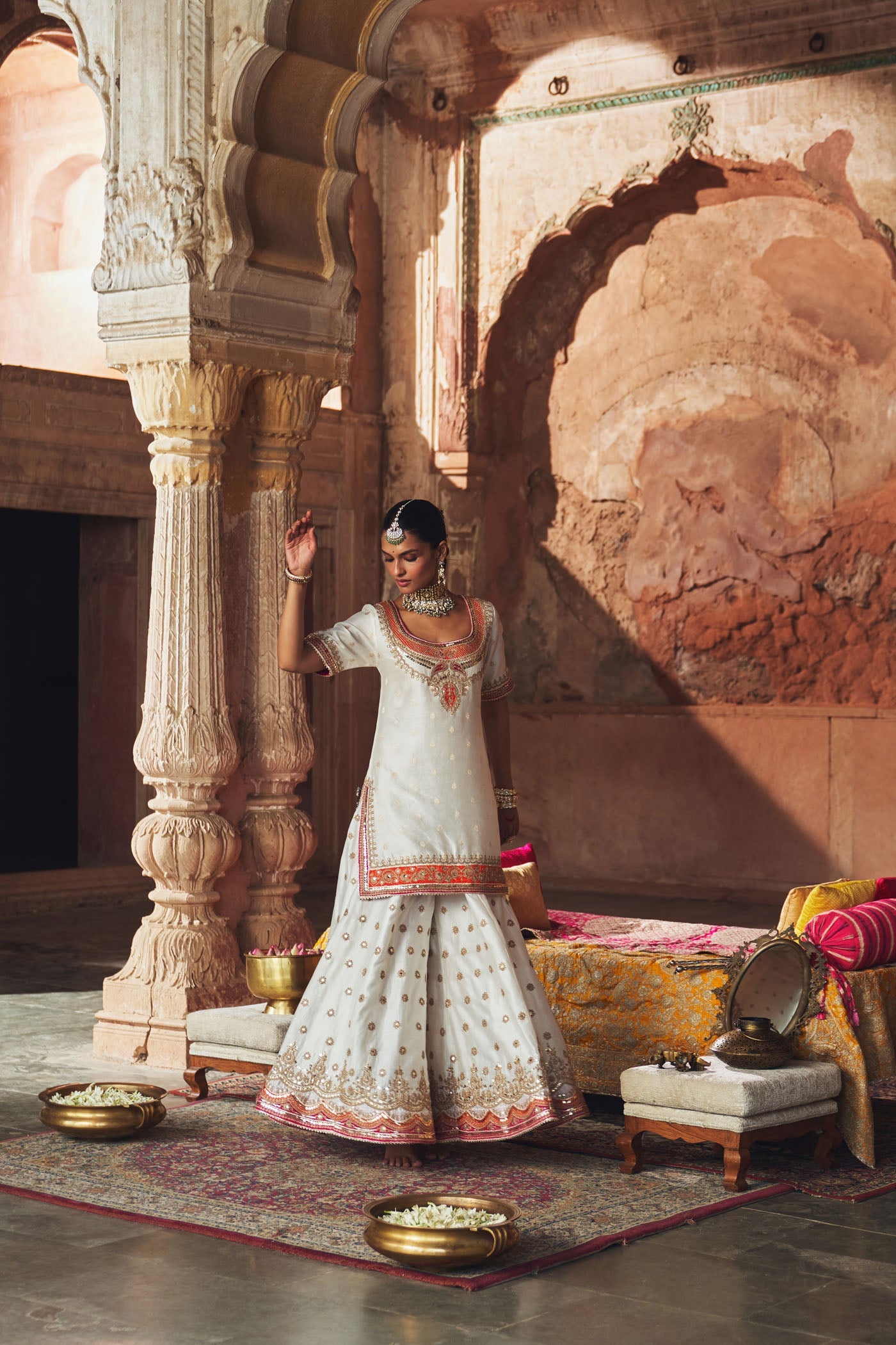 SAMREEN - DAISY IVORY SHORT KURTA WITH SHARARA AND DUPATTA