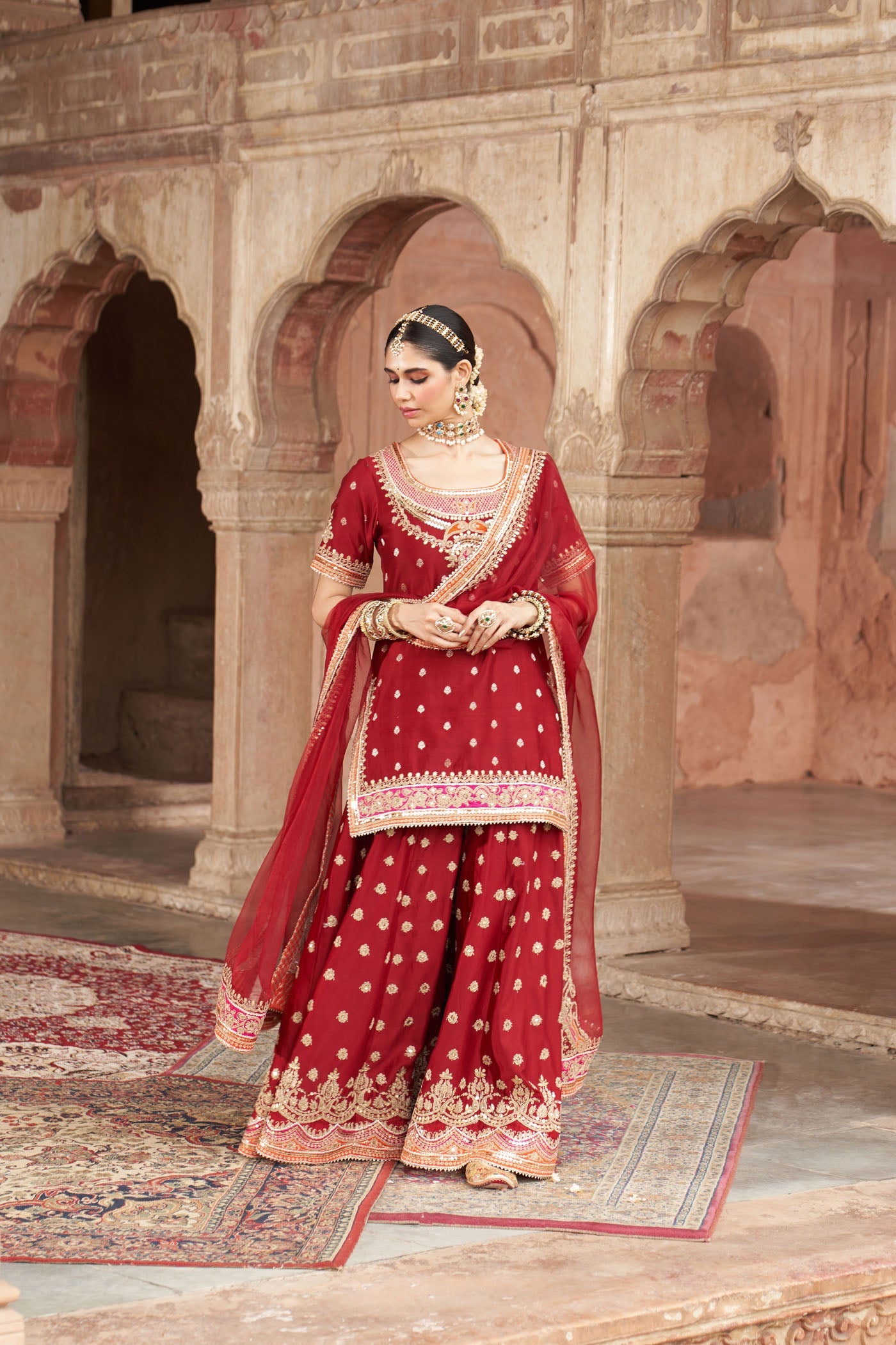 SAMREEN - DEEP RED SHORT KURTA WITH SHARARA AND DUPATTA