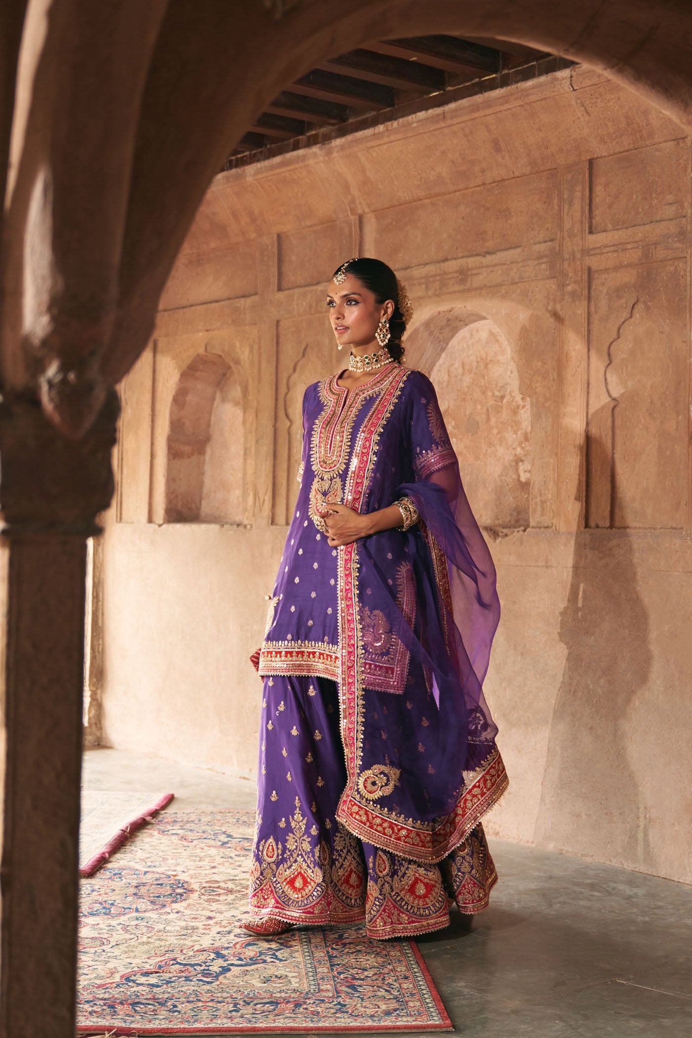 Shruti Juneja IN AREESHA - DEEP PURPLE SHORT KURTA WITH SHARARA AND DUPATTA