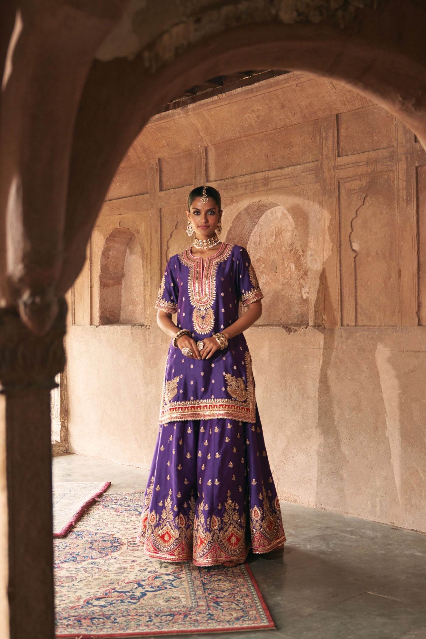 Shruti Juneja IN AREESHA - DEEP PURPLE SHORT KURTA WITH SHARARA AND DUPATTA