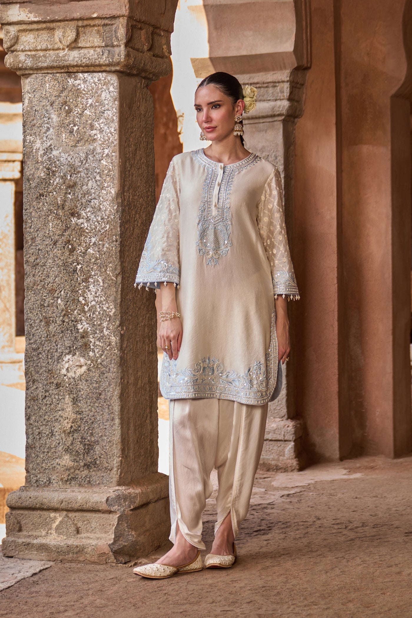 RUHI - DAISY IVORY WITH BLUE SHORT KURTA AND DHOTI