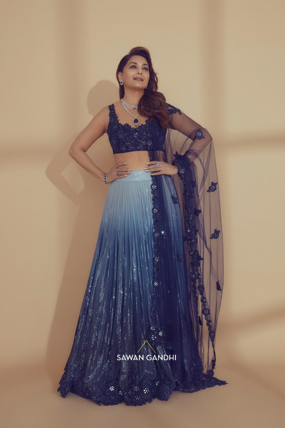 Madhuri Dixit in Blue ombre sequin lehenga
