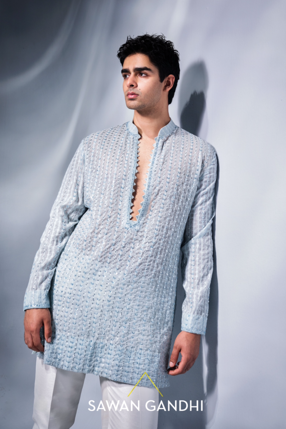 Ice Blue Chanderi Kurta With Patra Work