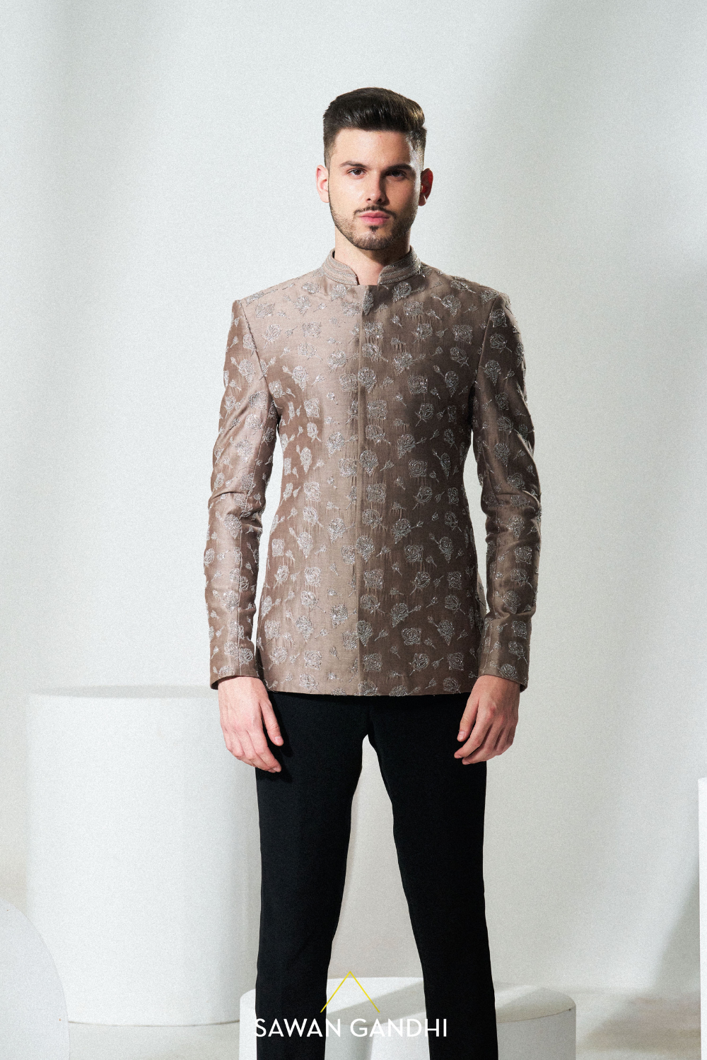 Taupe rosework bandhgala