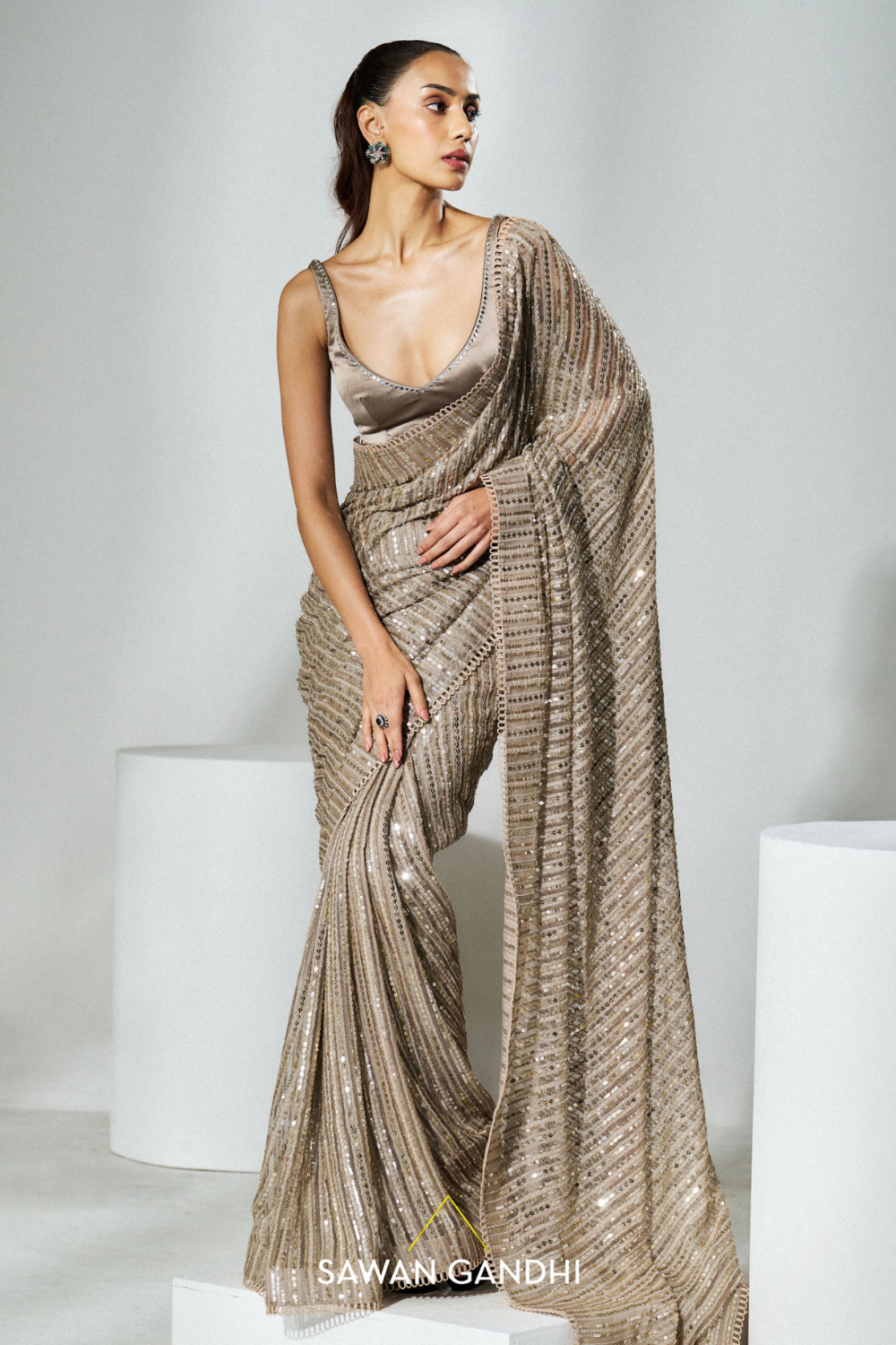 Taupe sequins saree