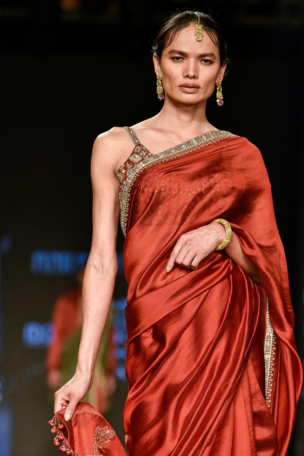 Brick Red Embroidered Saree Set