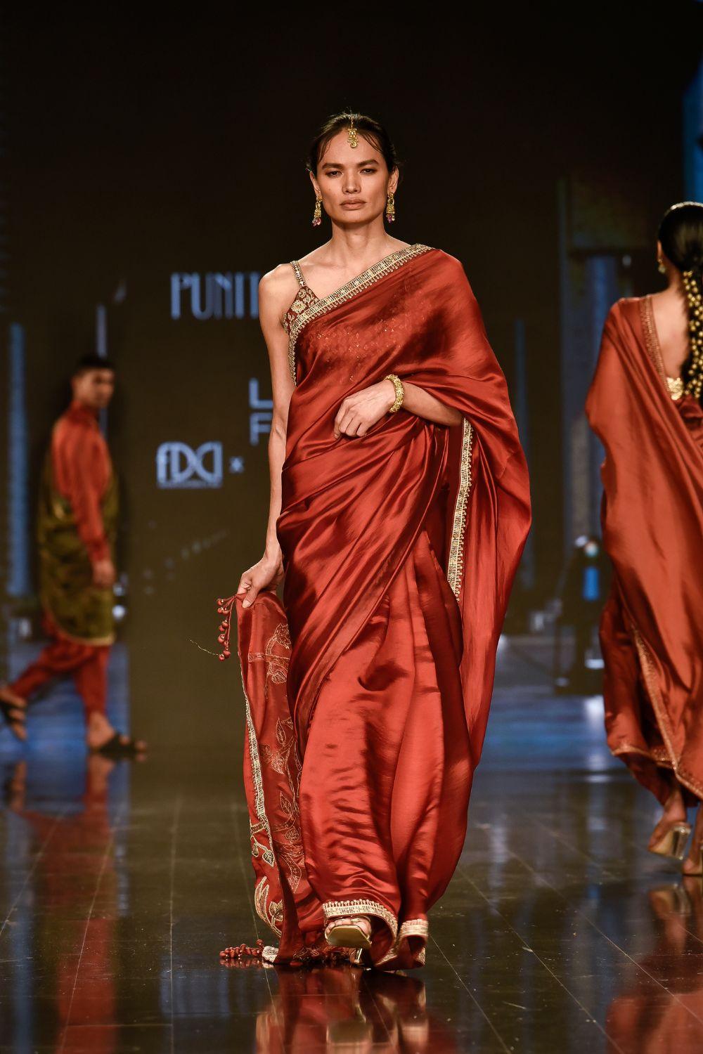 Brick Red Embroidered Saree Set