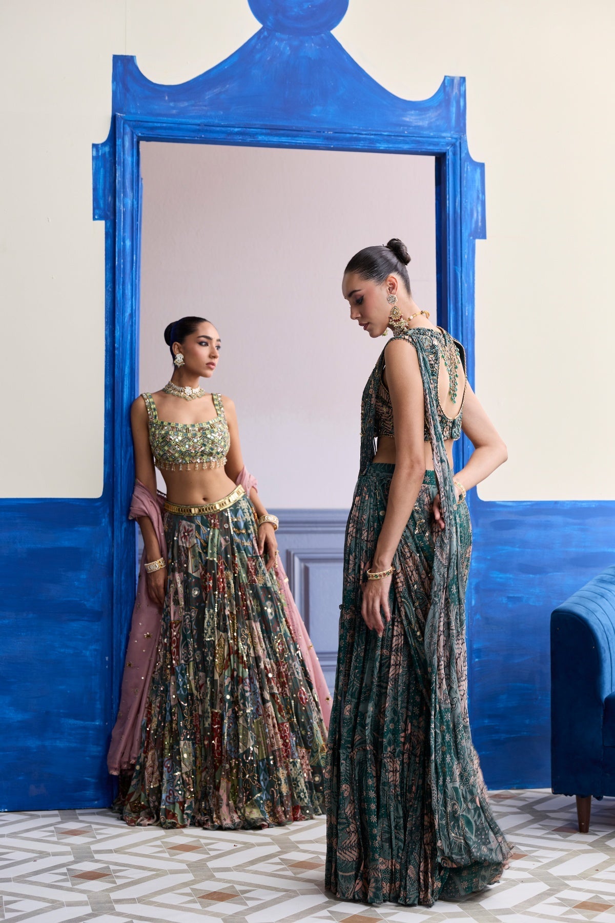 Teal Floral Blouse With Draped Tiered Saree Skirt Set