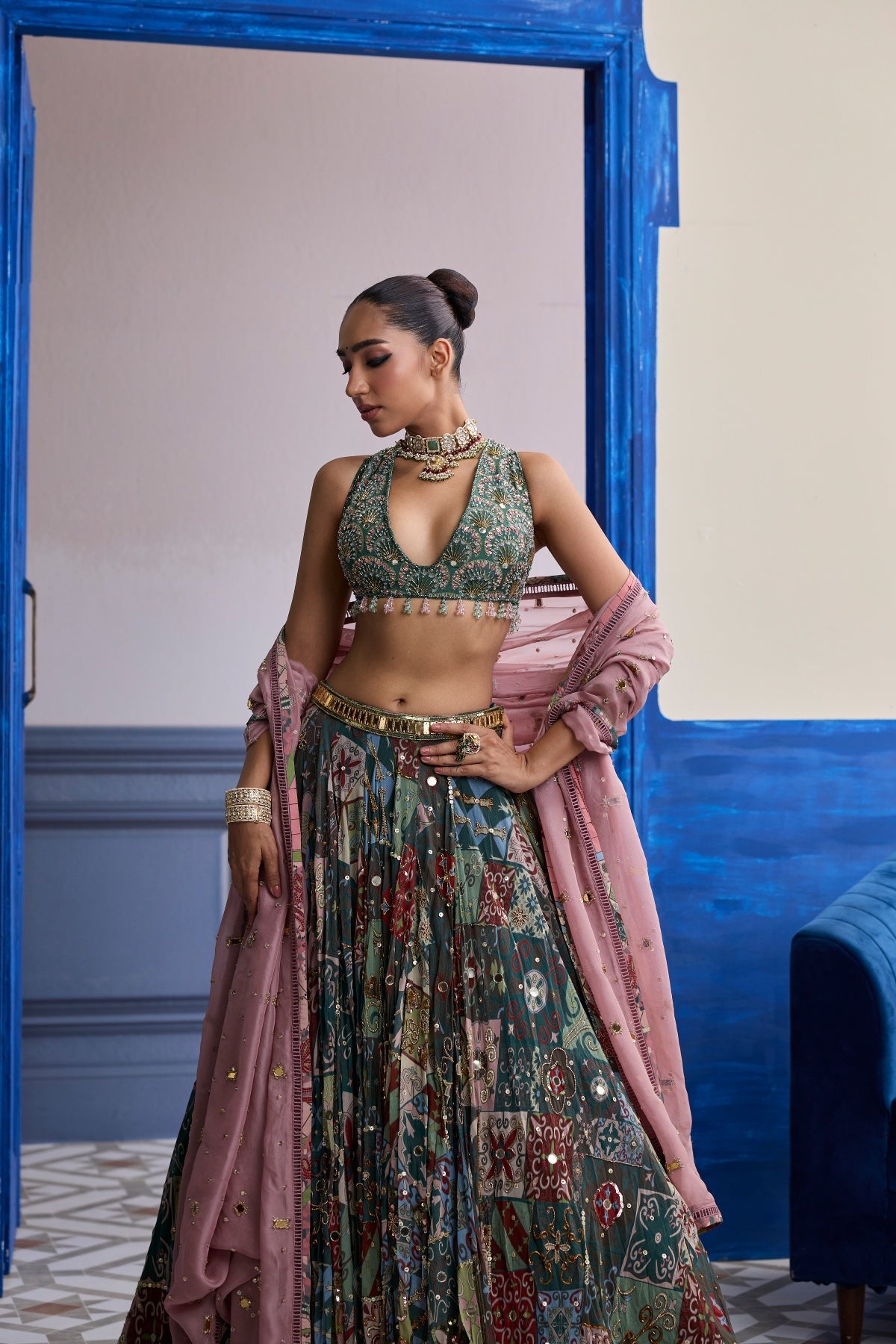 Forest Green Butta Blouse With Highlighted Lehenga & Embroidered Dupatta Set