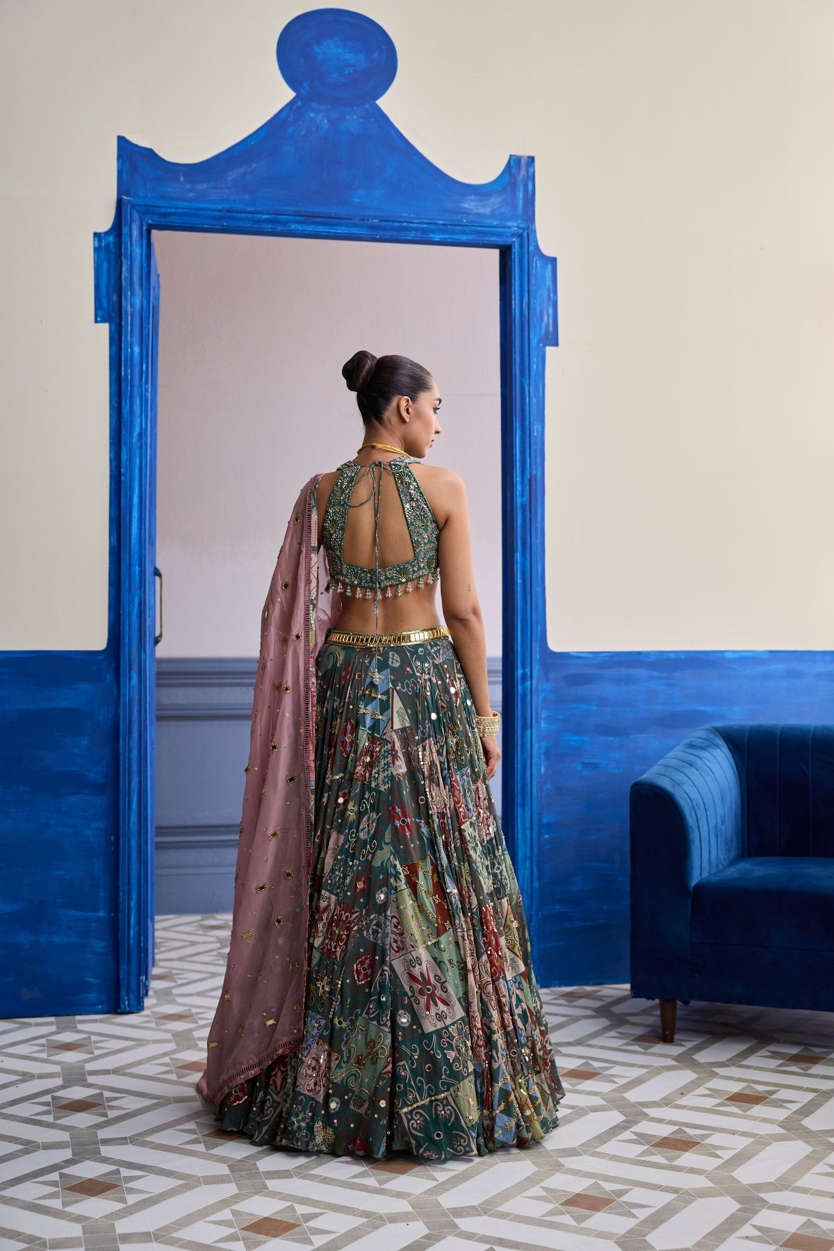 Forest Green Butta Blouse With Highlighted Lehenga & Embroidered Dupatta Set