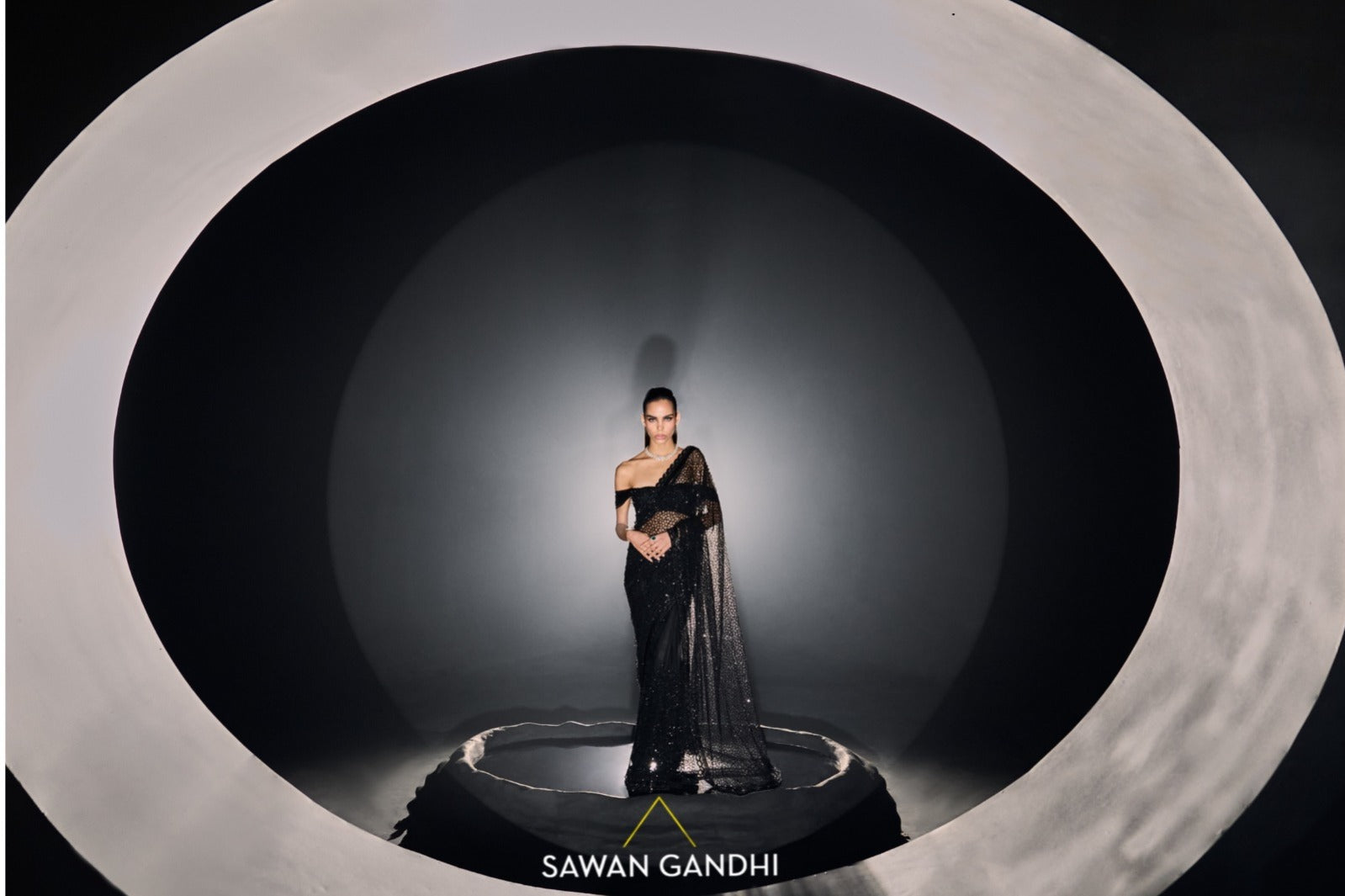 Black sequins net saree