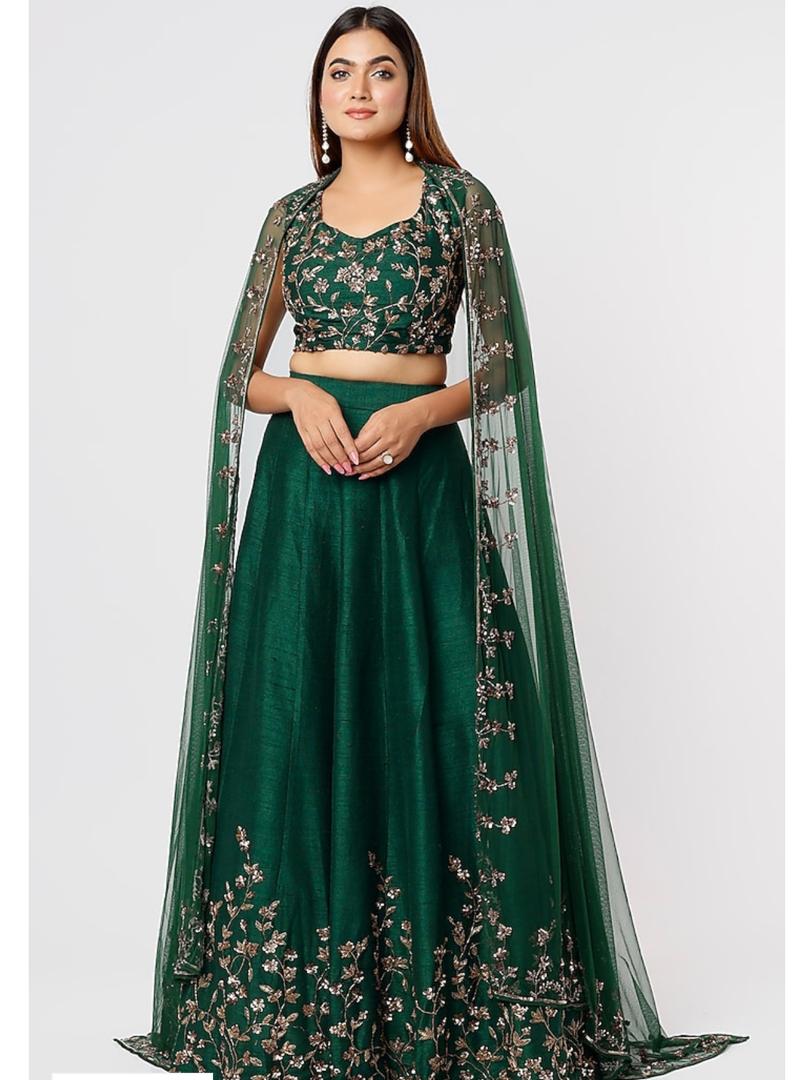 Bottle Green Silk & Net Sequins Embroidered Lehenga Set