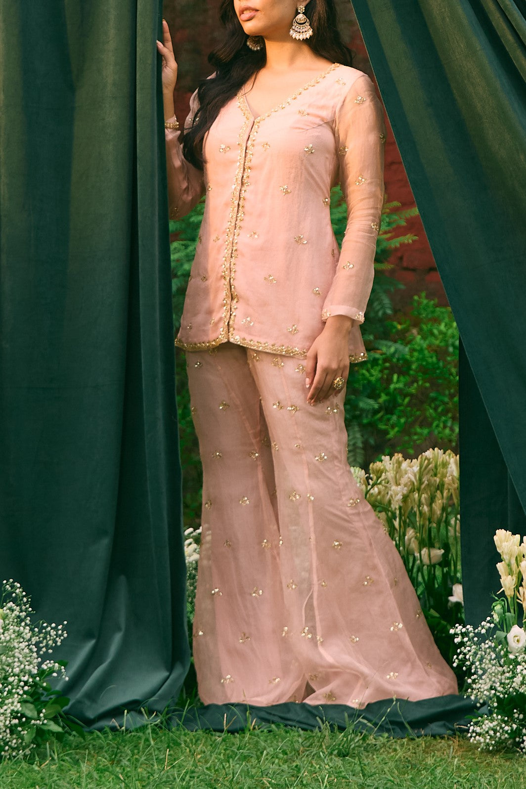 Pink Front Open Short Kurti With Pant Set
