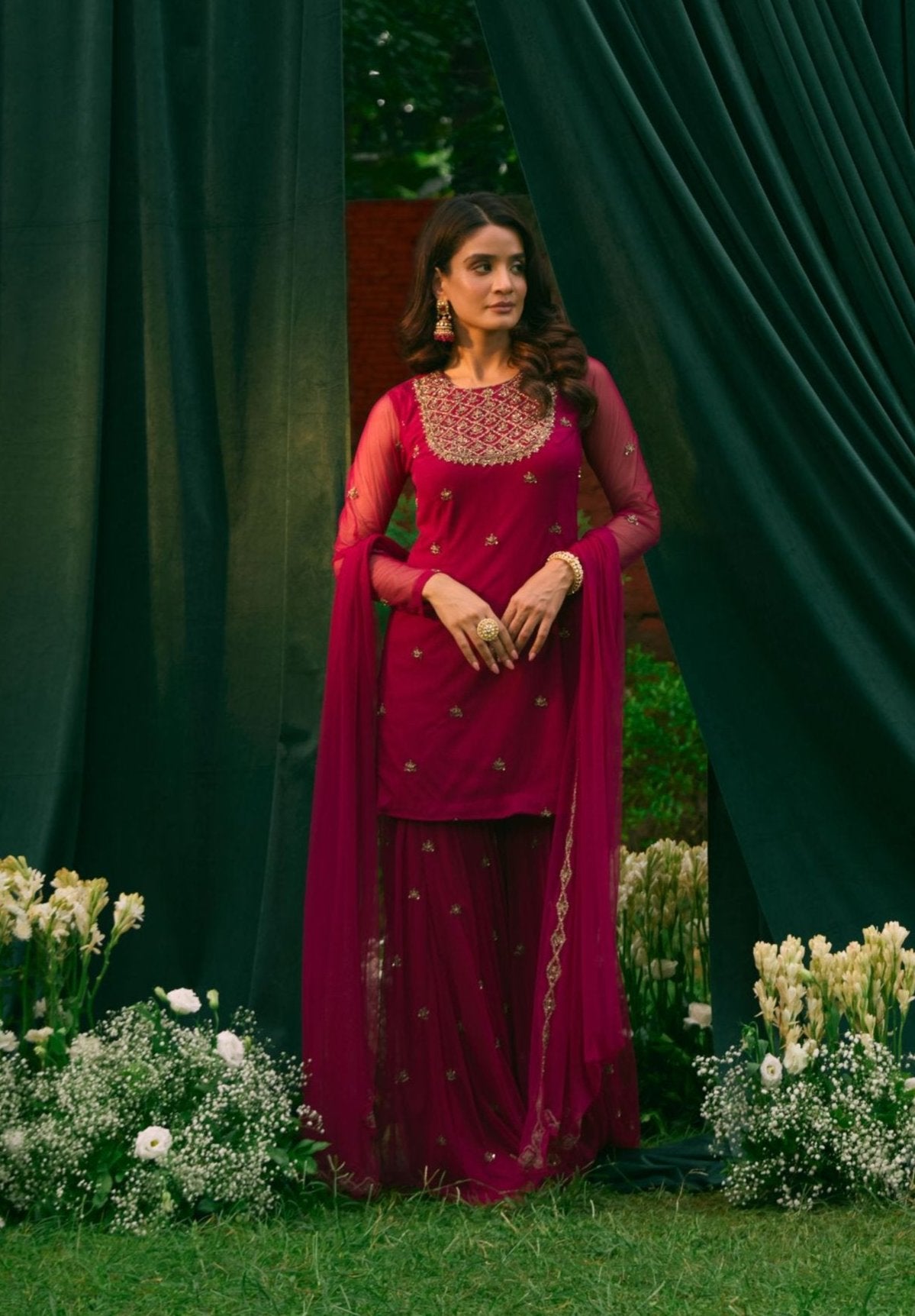 Caramine Pink Embellished Kurti Set