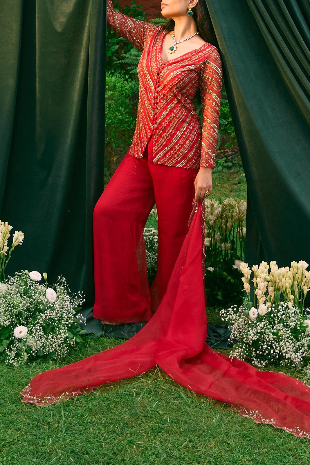 Red Front Open Short Kurti With Pant Set
