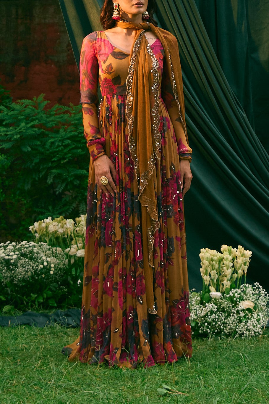Mustard Chiffon Floral Anarkali Set