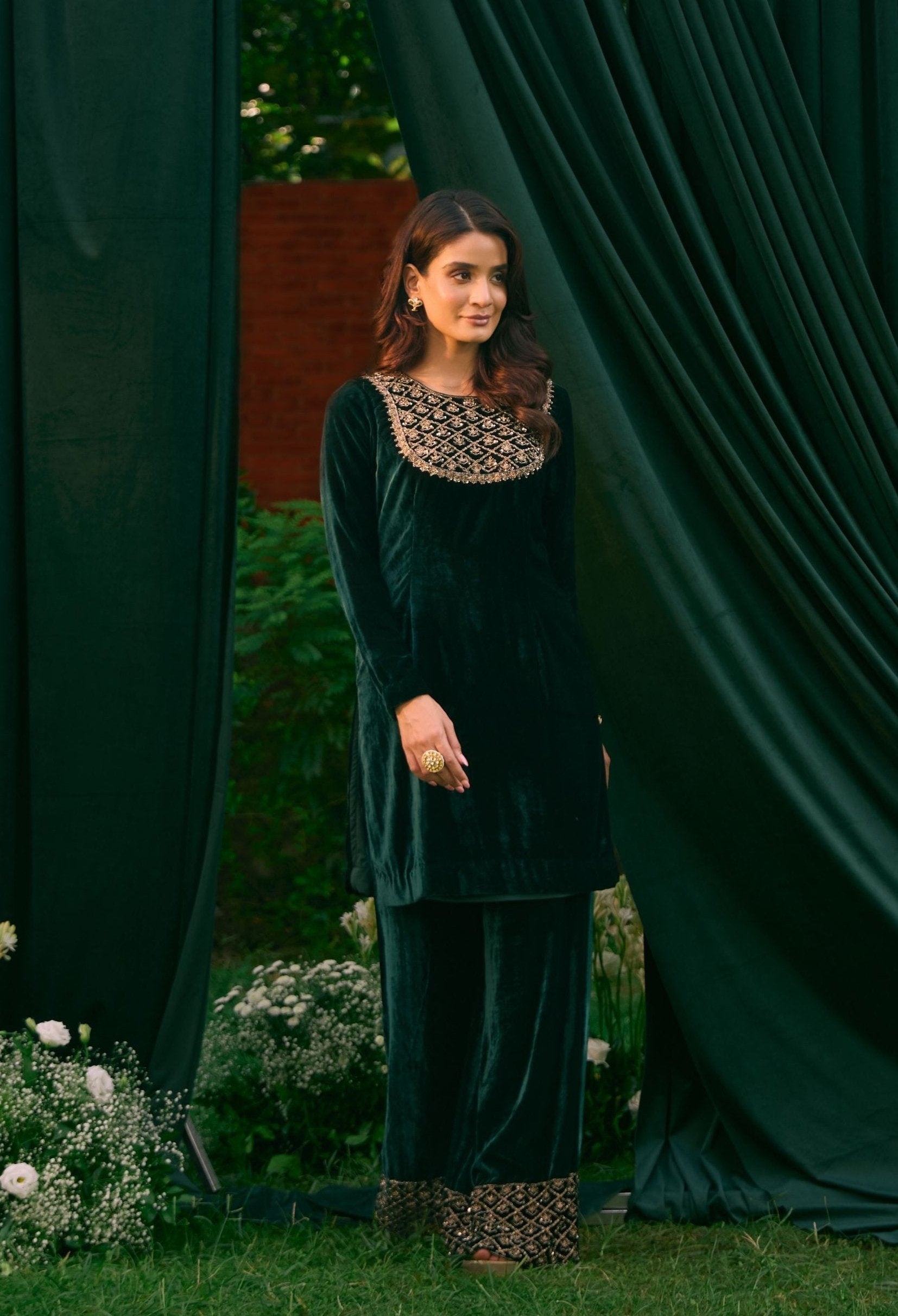 Black Velvet Embellished Kurti With Pant Set
