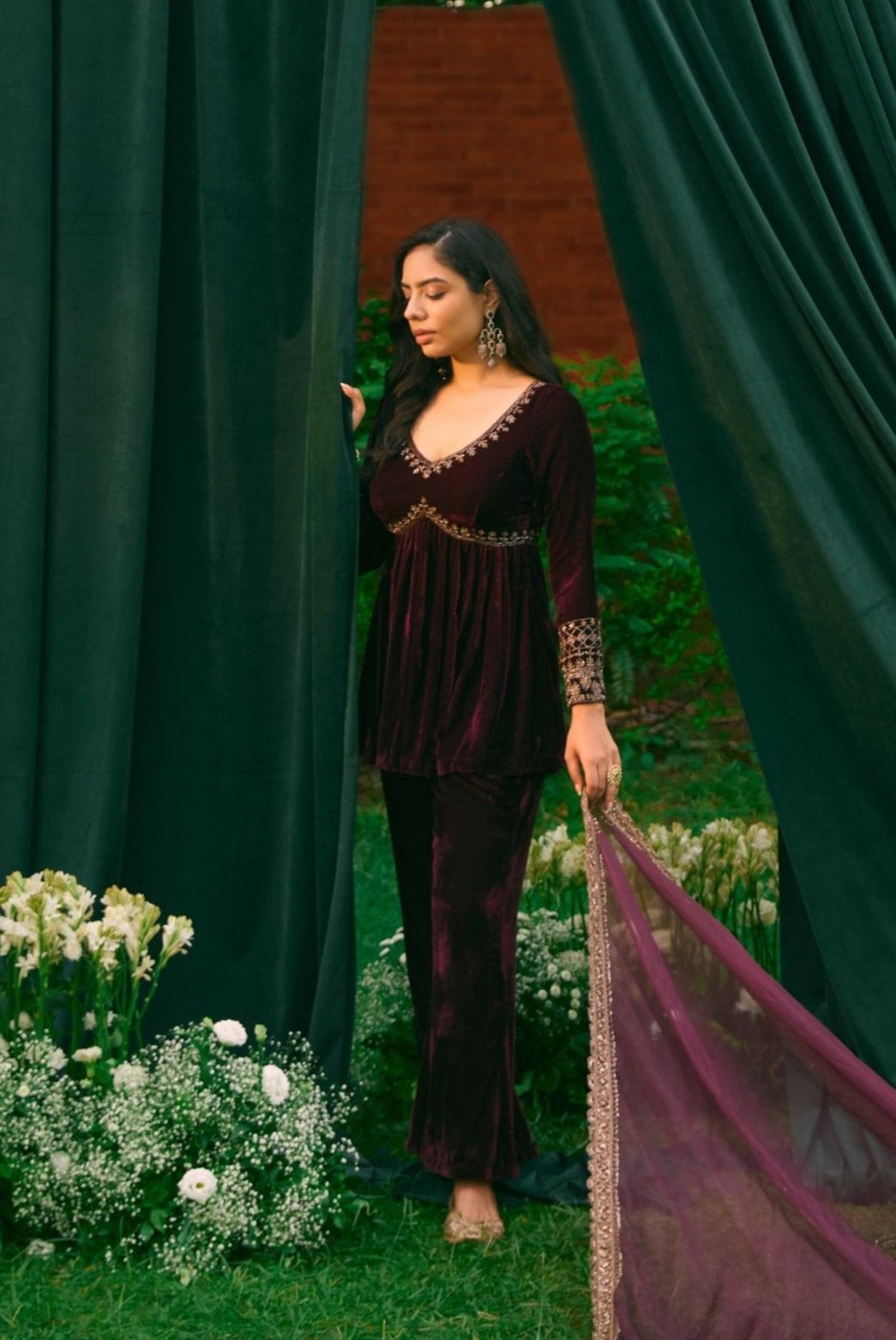 Black Velvet Embellished Peplum With Pant Set