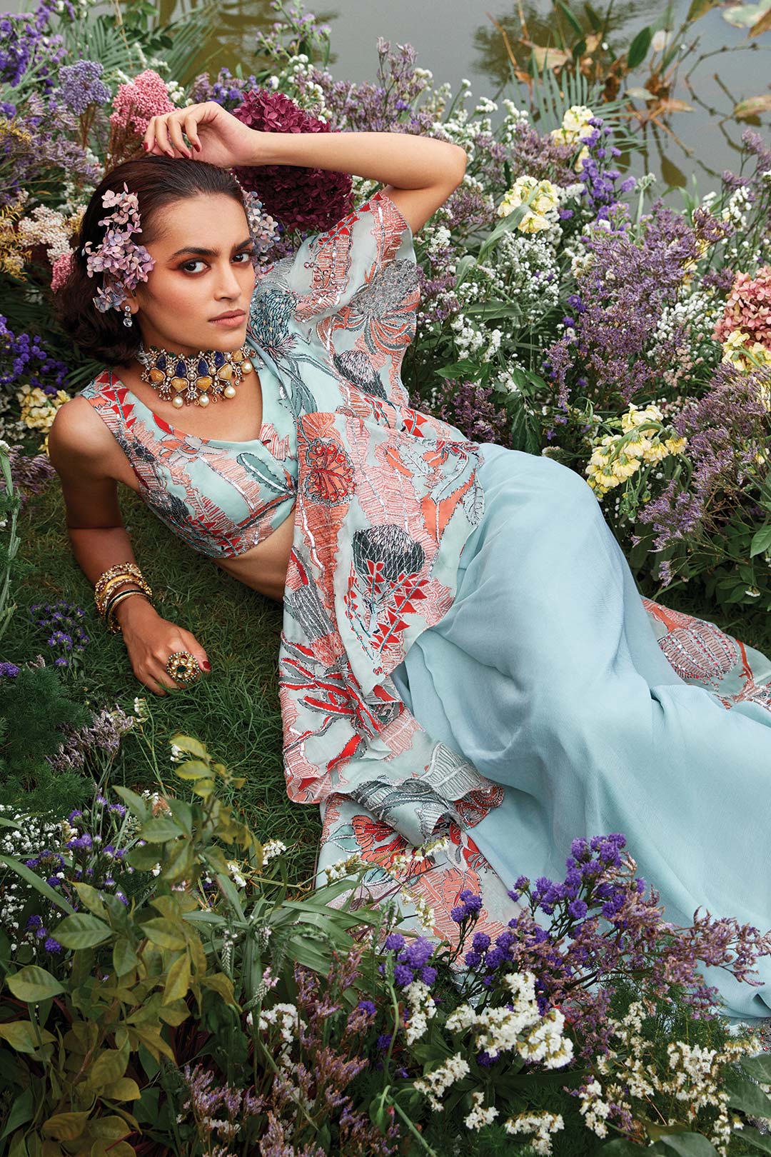 Riviera - Powder Blue Chiffon Saree Set