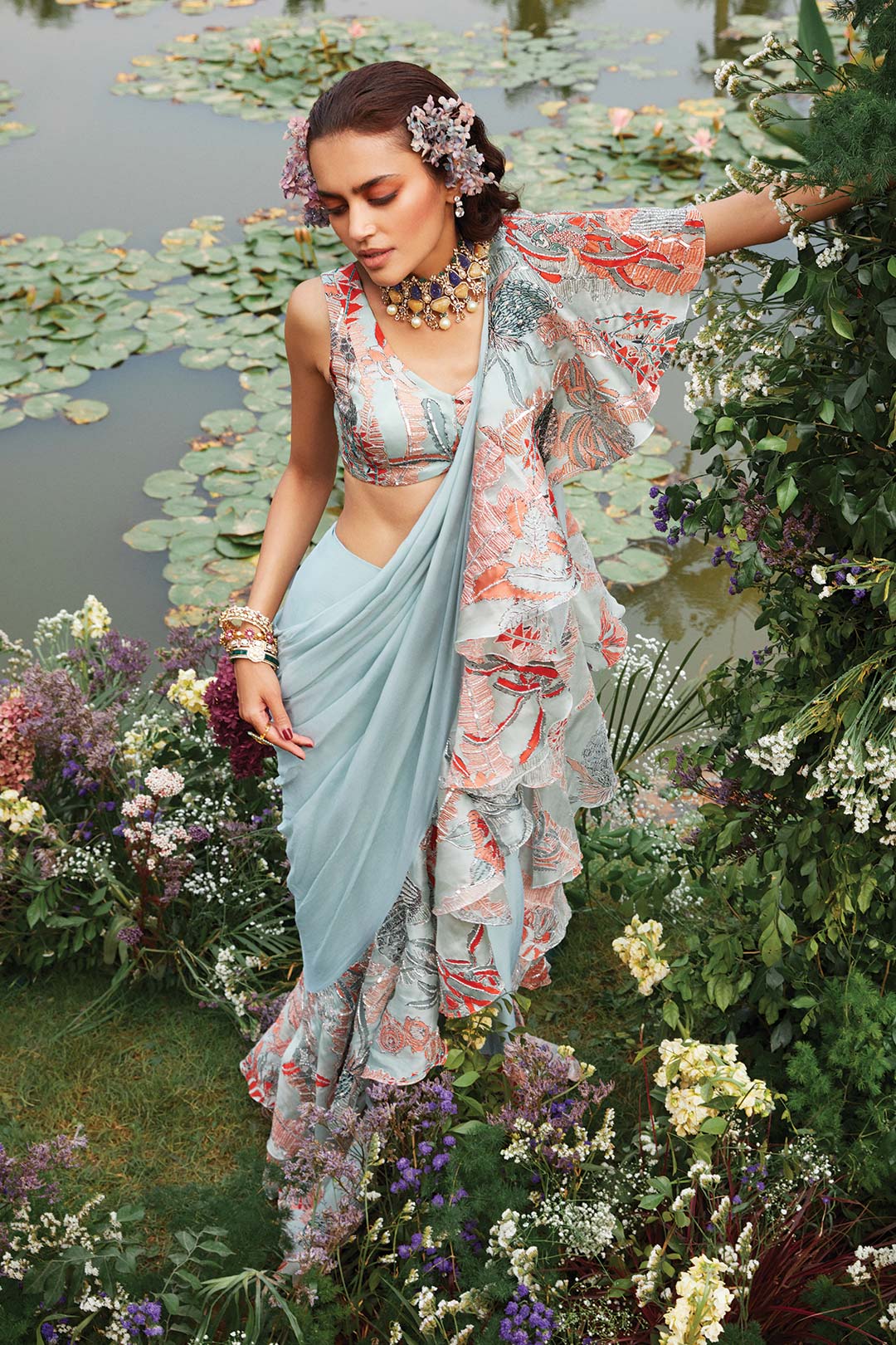 Riviera - Powder Blue Chiffon Saree Set