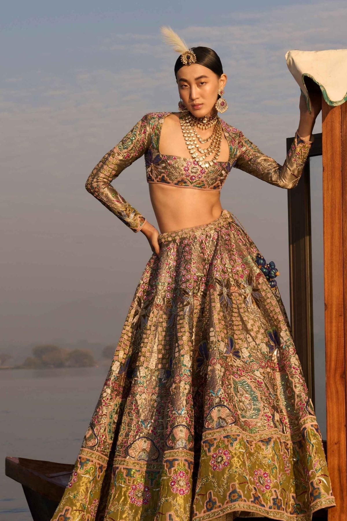 Mehr - Metallic-Olive Tissue Lehenga Set