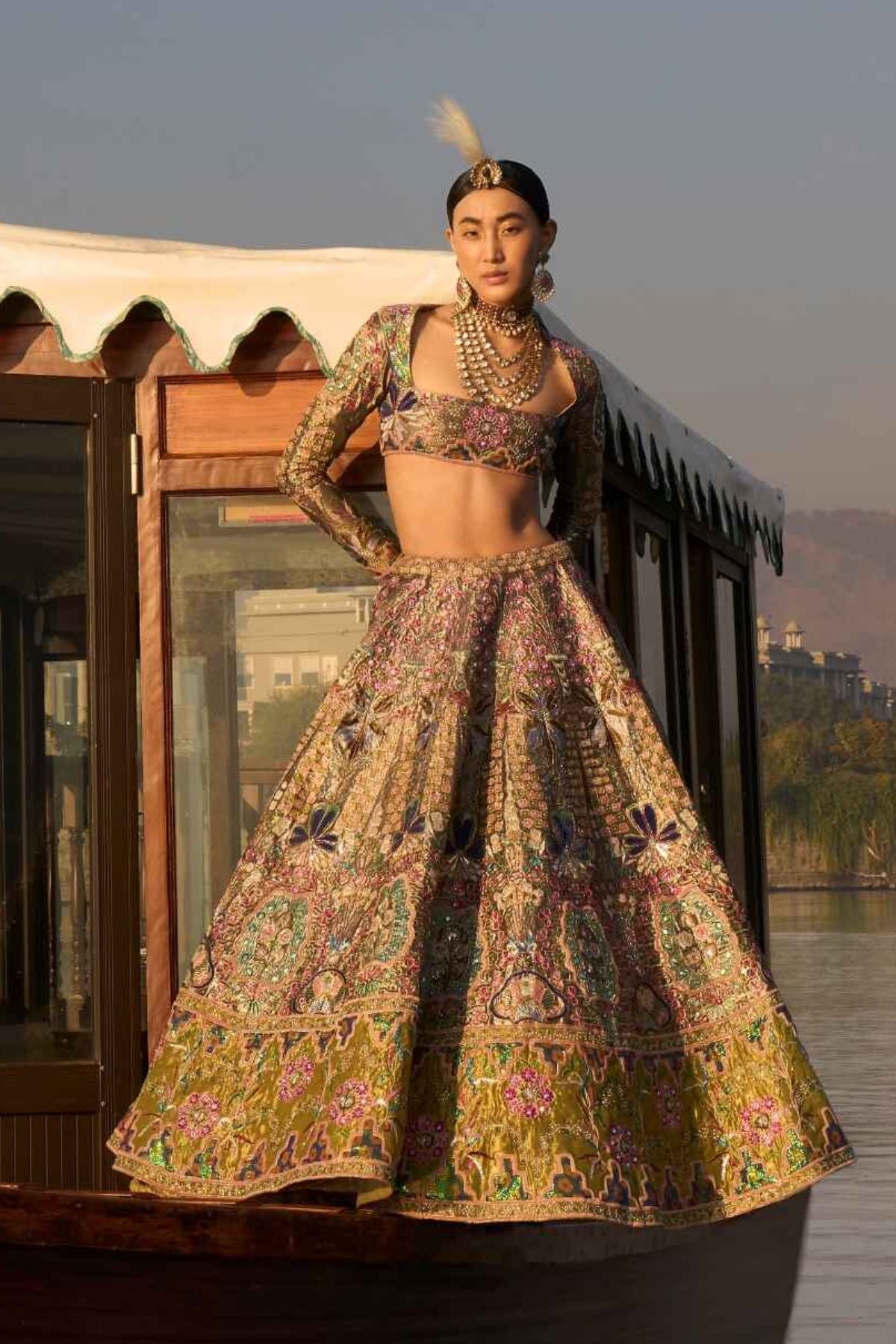 Mehr - Metallic-Olive Tissue Lehenga Set