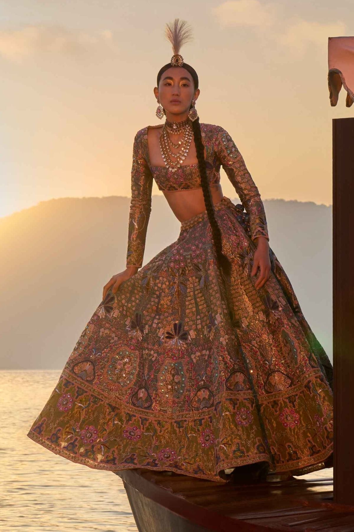 Mehr - Metallic-Olive Tissue Lehenga Set