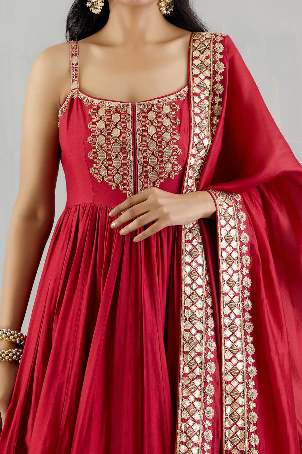 Red Strappy Heavy Anarkali With Organza Silk Dupatta