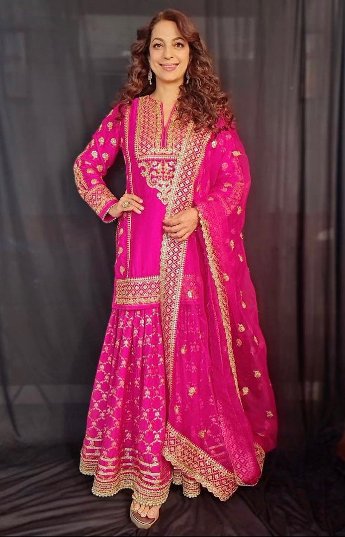 Juhi Chawla in Marigold Brocade Short Garara Set