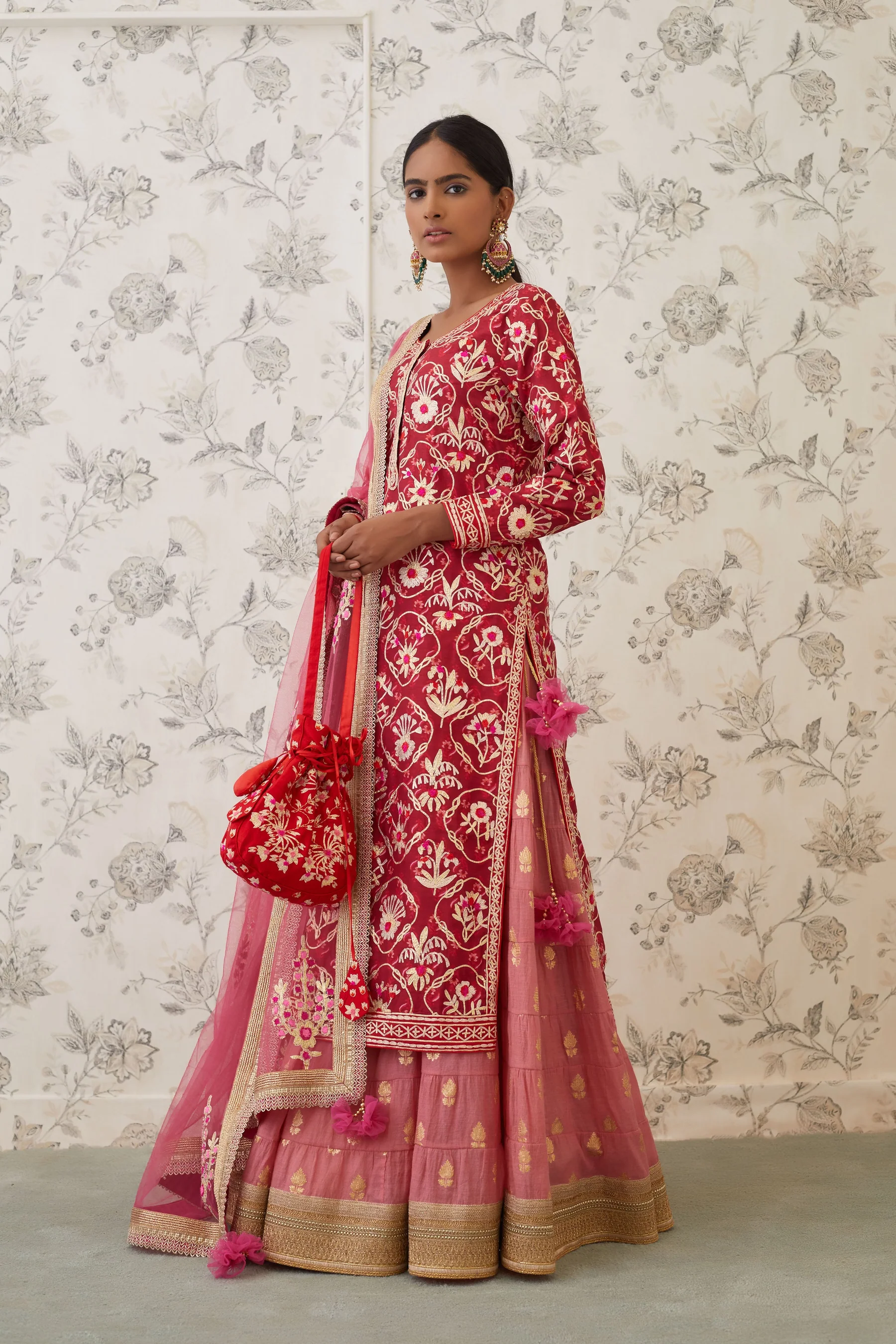 Ave Chicago x Shyam Narayan Prasad Maroon Coral Kurta Skirt Set