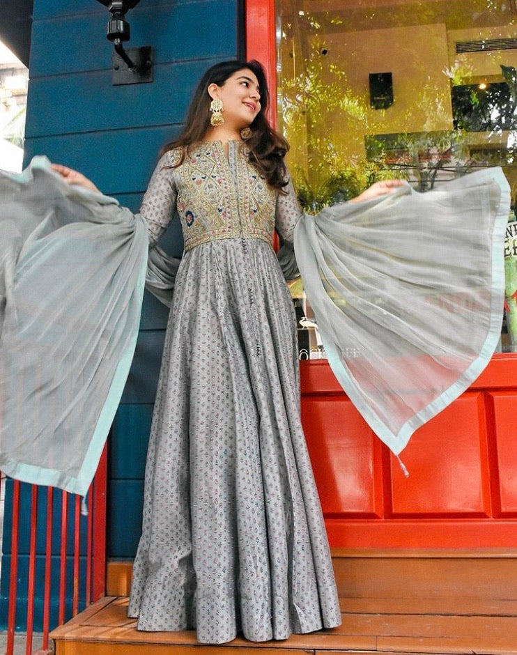 Blue Grey Anarkali Set