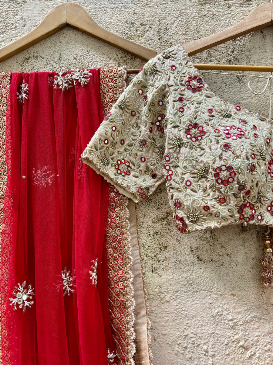 Ave Chicago x Priti Sahni Ivory And Red Bridal Lehenga Set