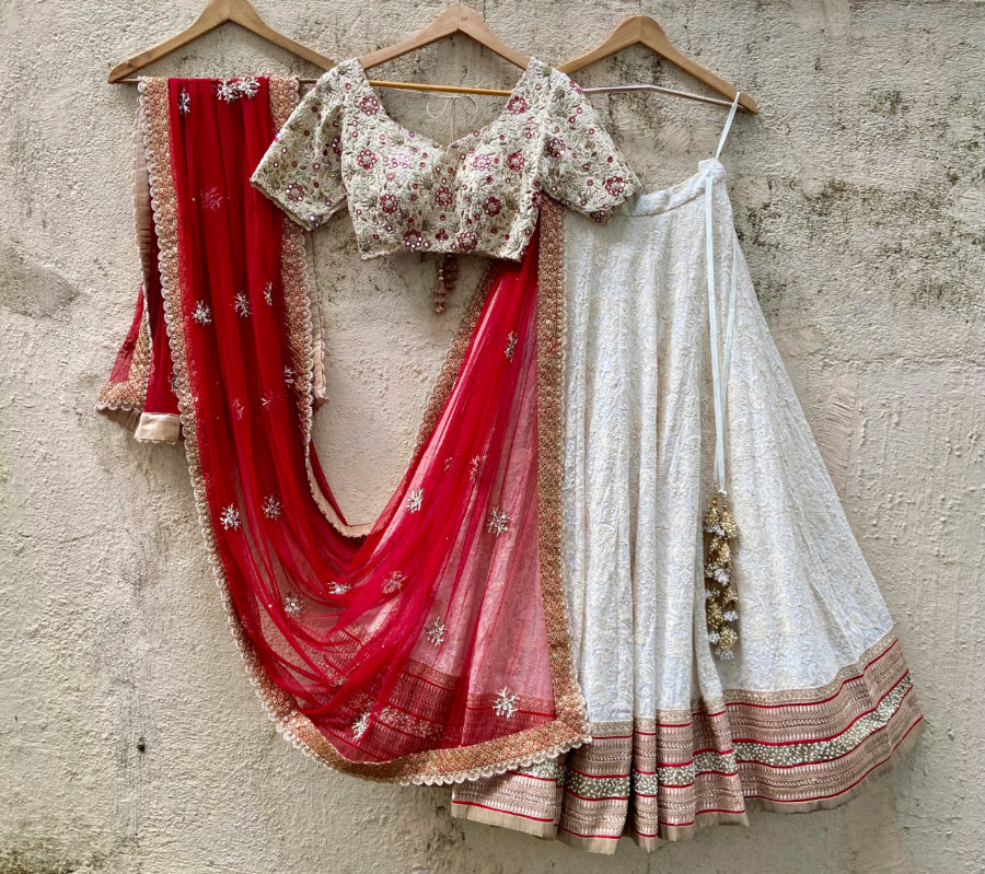 Ave Chicago x Priti Sahni Ivory And Red Bridal Lehenga Set
