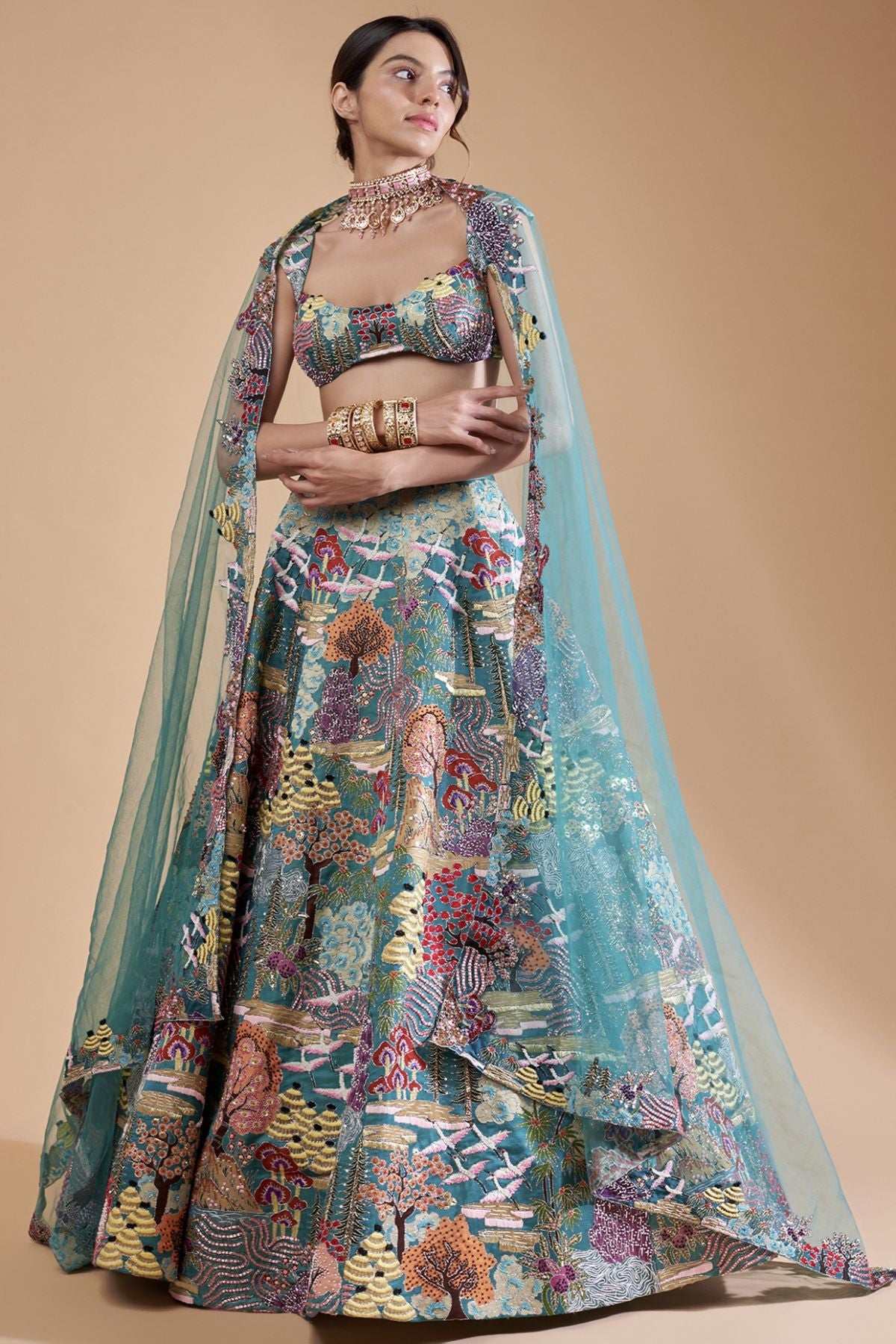 Odette - Mykonos Blue Kasab Satin Lehenga Set