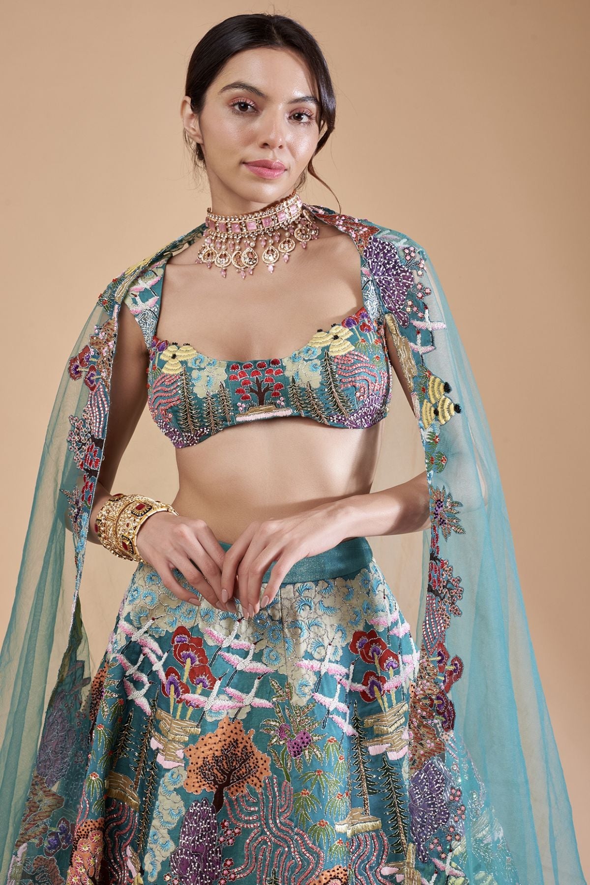 Odette - Mykonos Blue Kasab Satin Lehenga Set