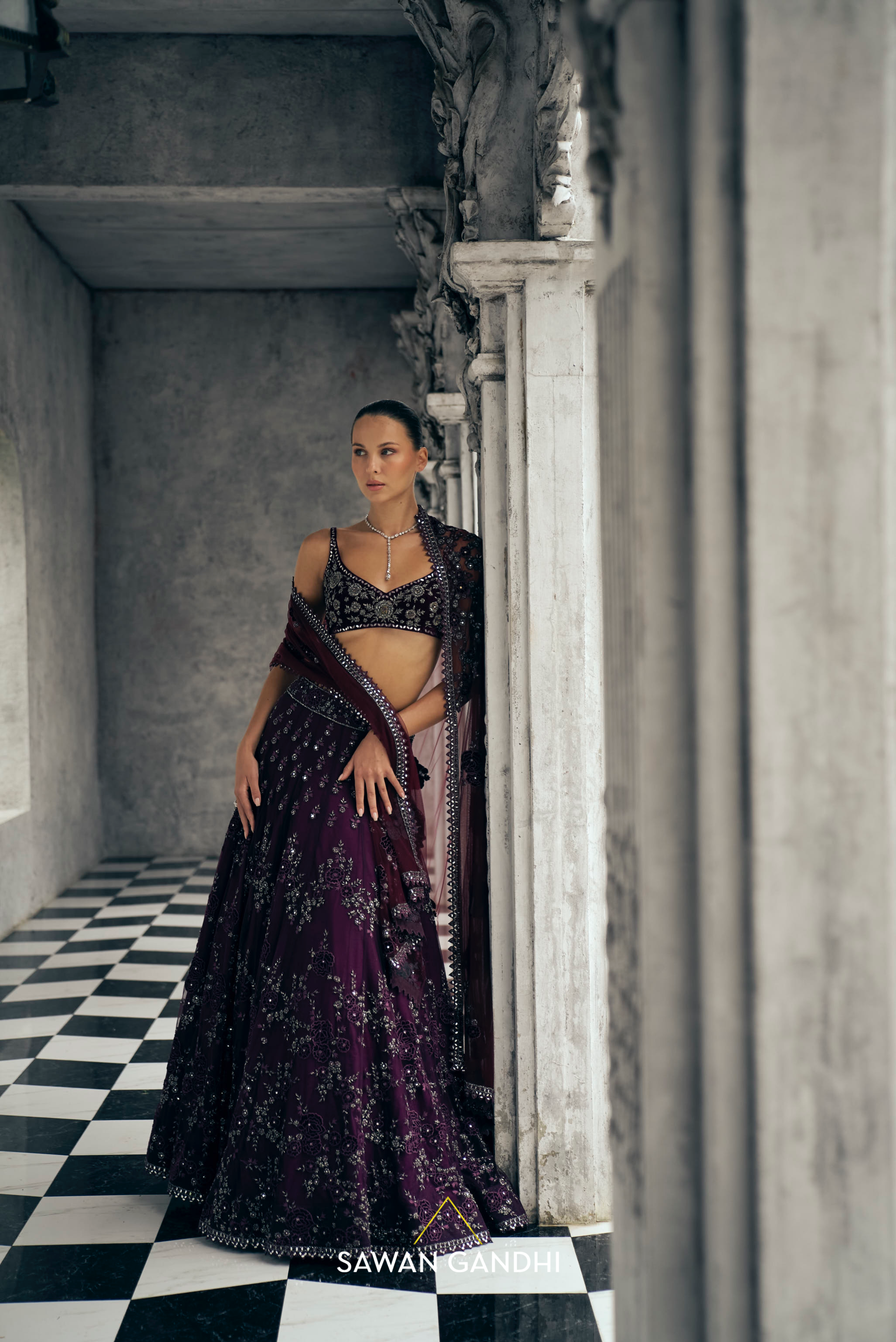 Wine net applique lehenga