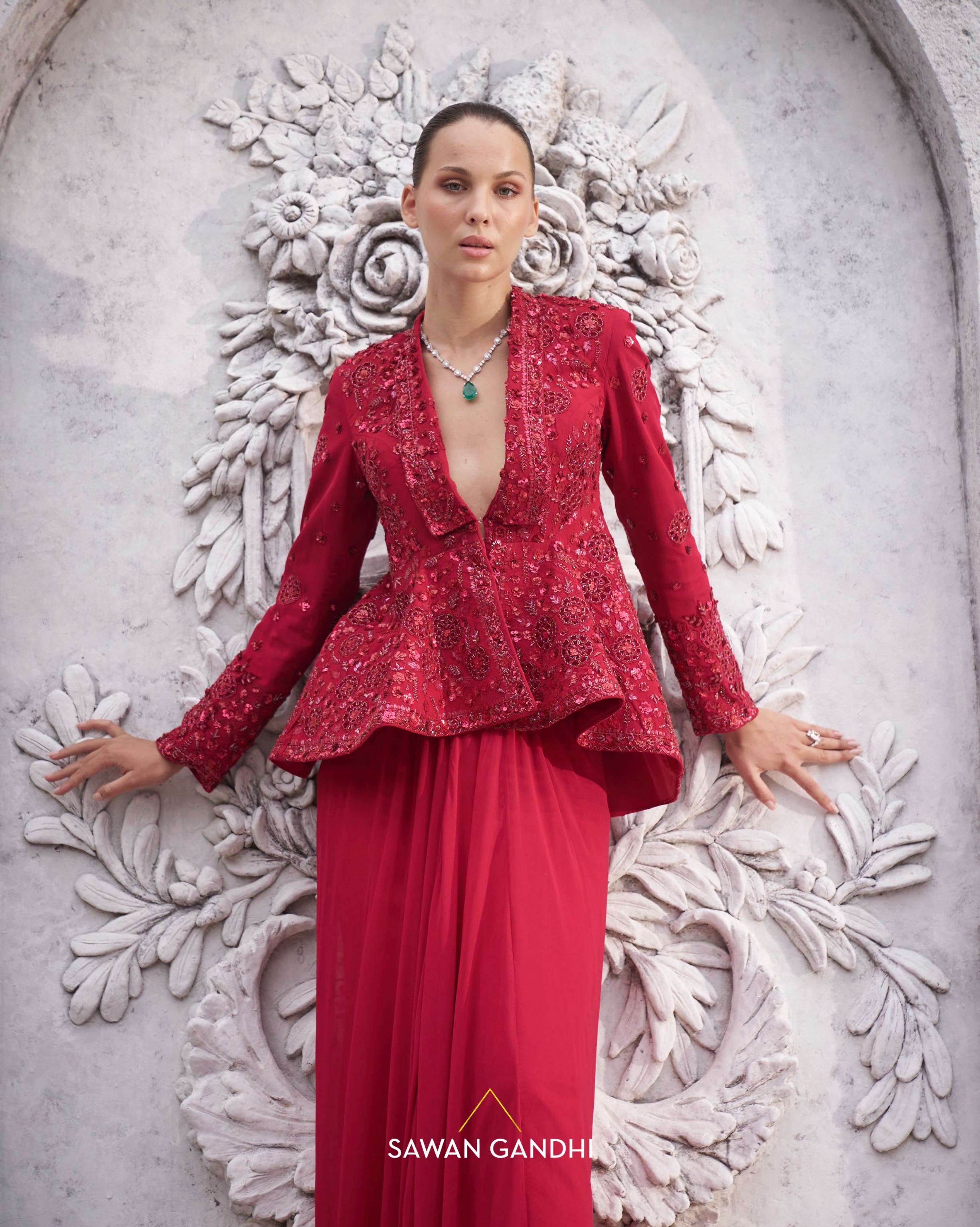 Red appliquŽ work peplum set