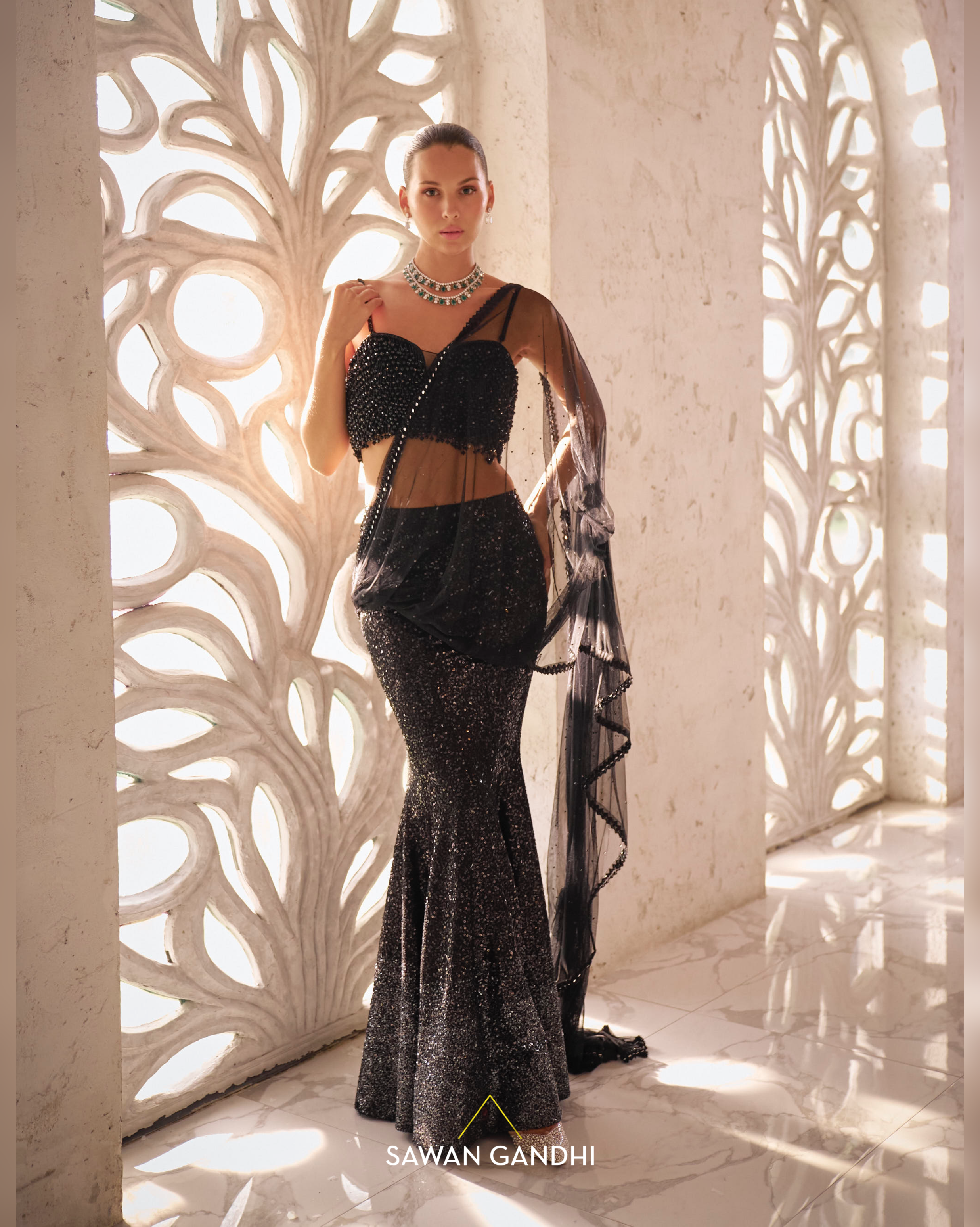 Blackto grey sequins drape saree