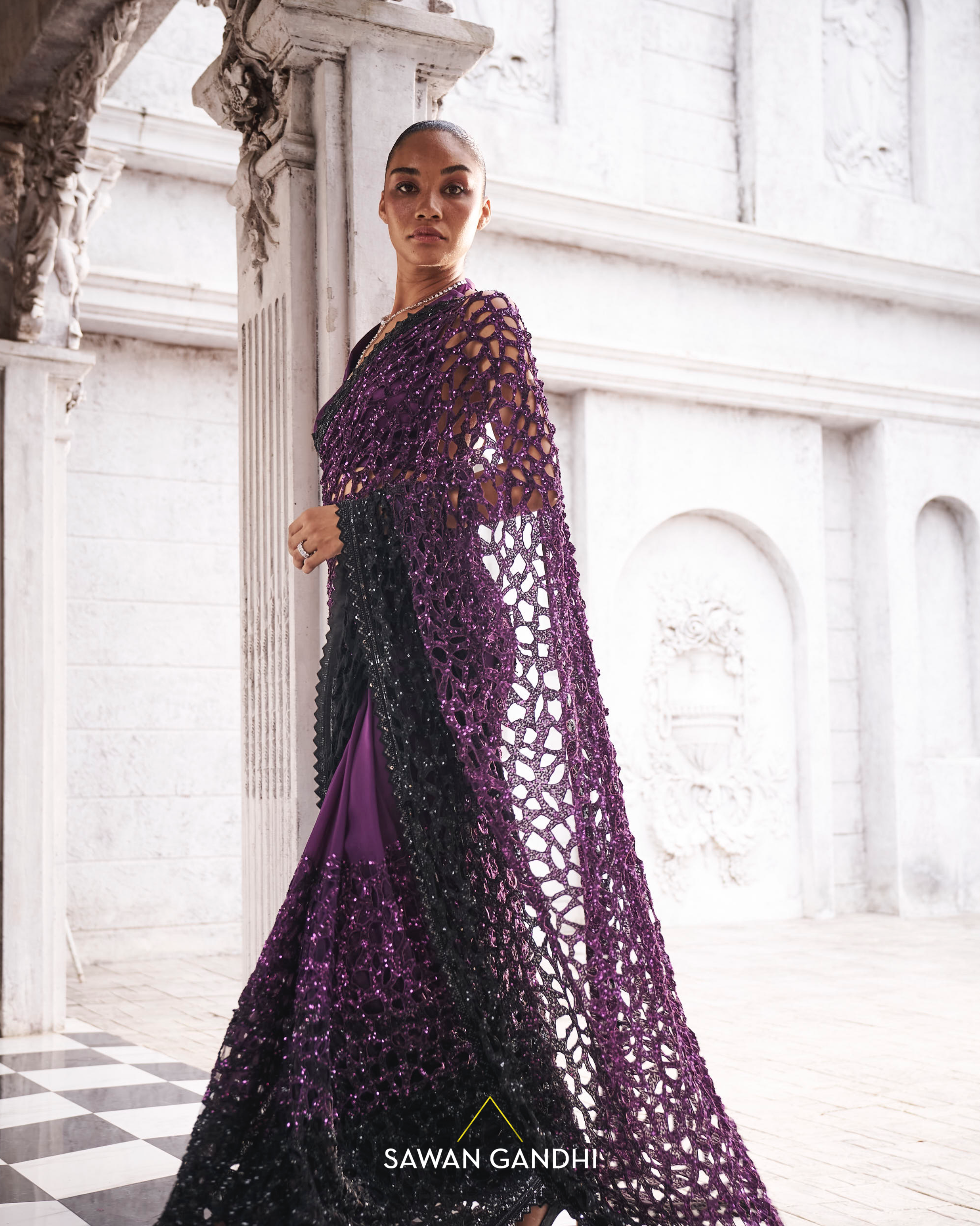 Wine to black ombre cutwork saree