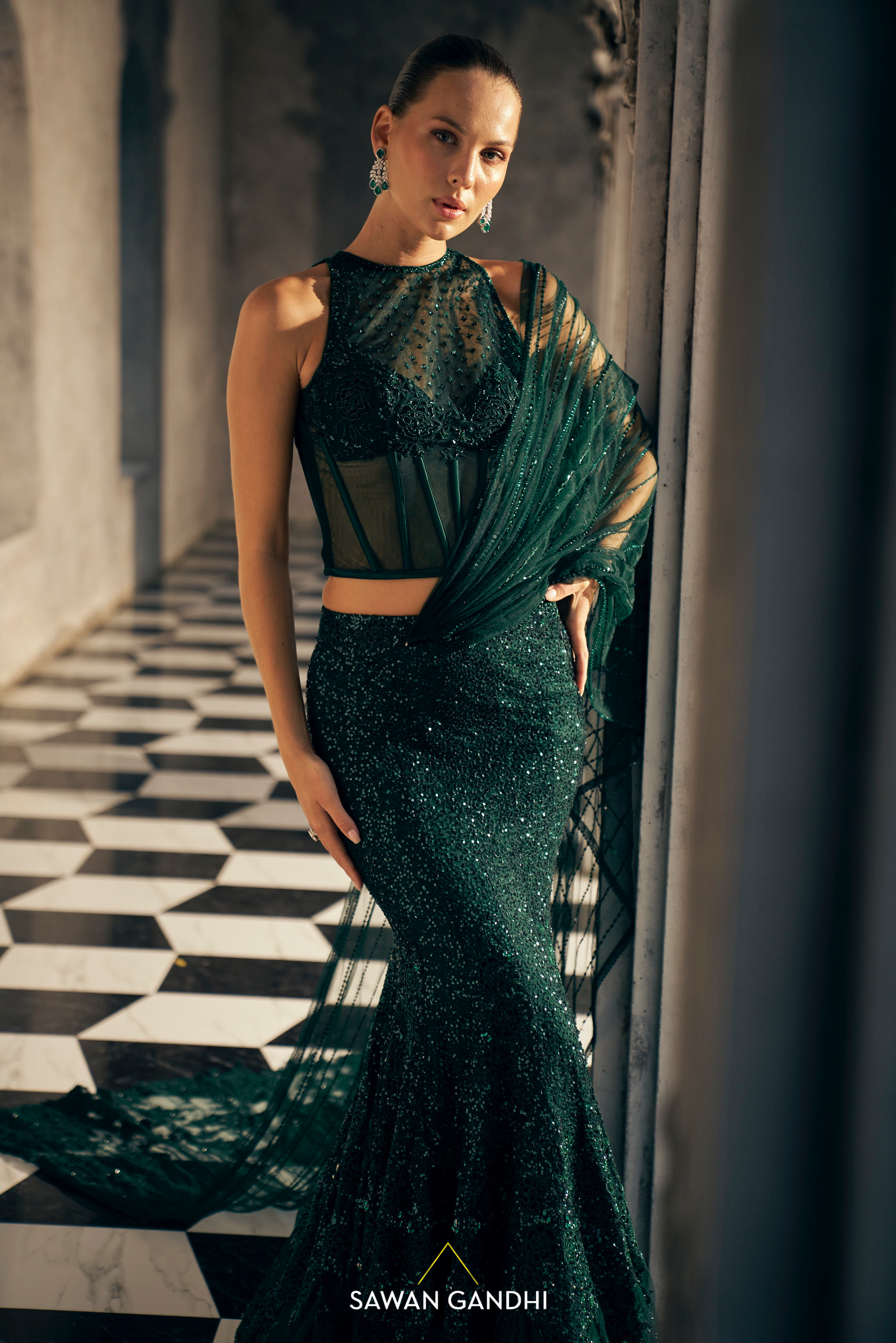 Bottle green fishcut drape saree