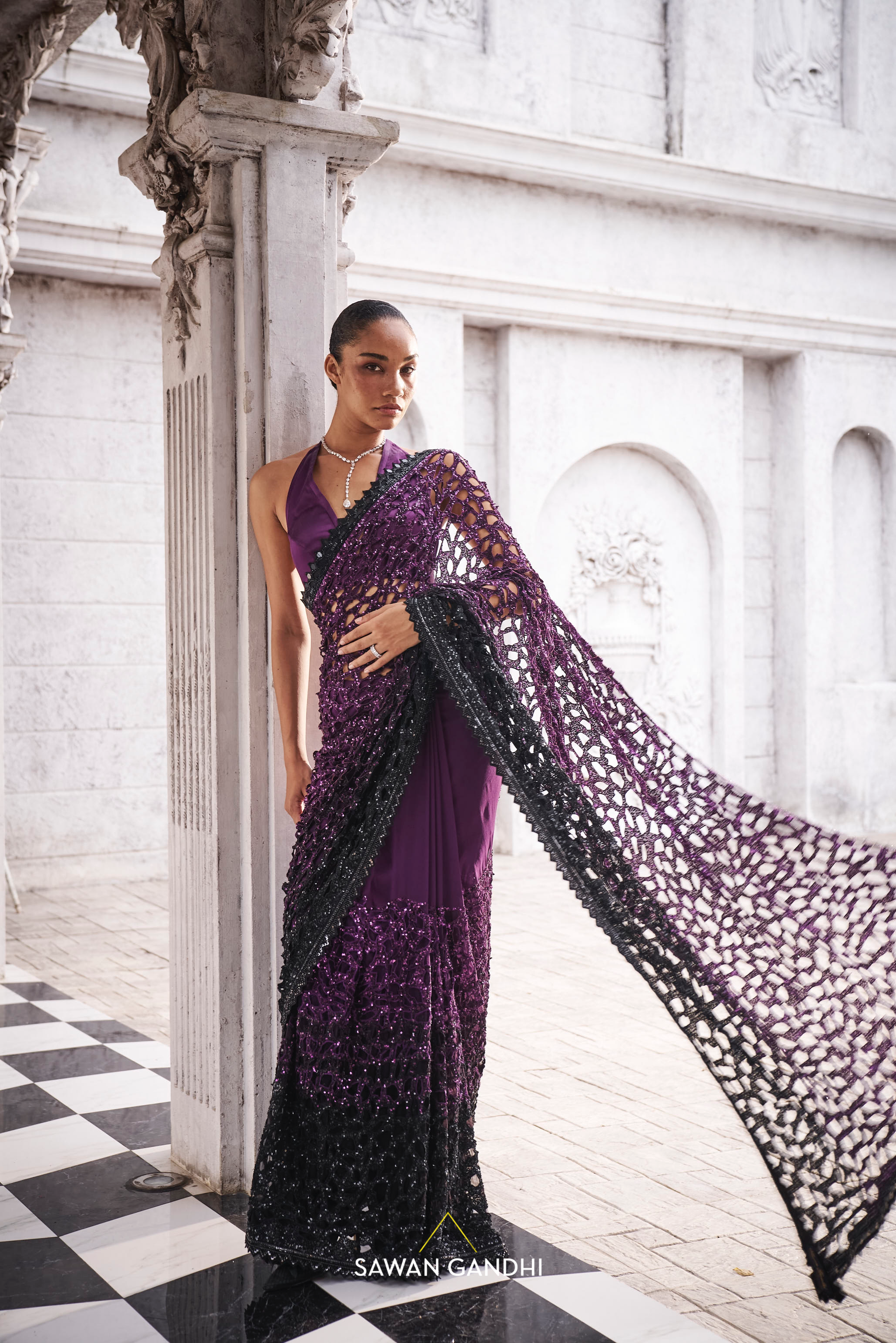 Wine to black ombre cutwork saree